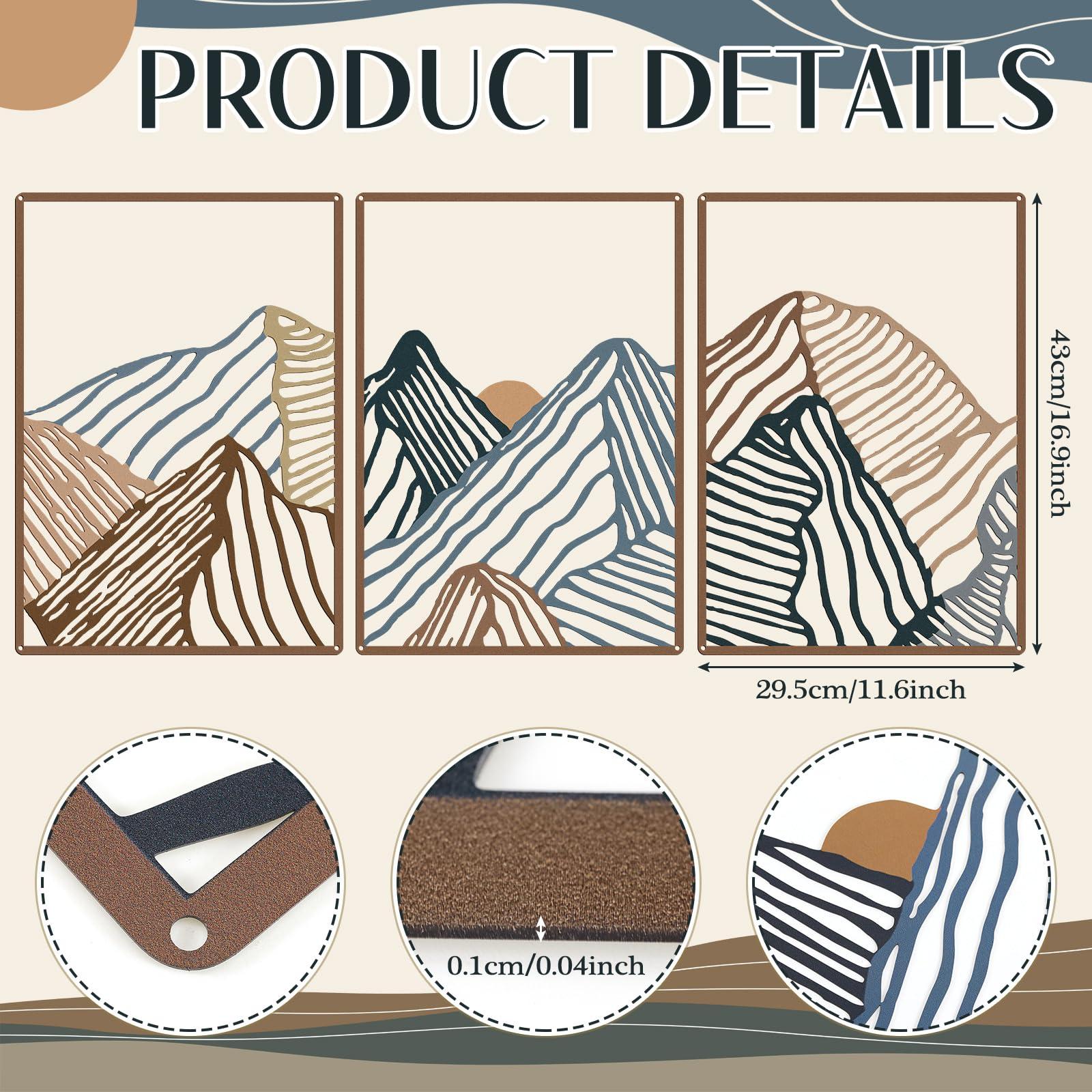 Peryiter Metal Wall Art 3 Piece Mountain Wall Art for Living Room Abstract Minimalist Mountain Line Pictures Gifts Decor for Summer Home Bathroom Office(Vibrant Colors) - Image 2