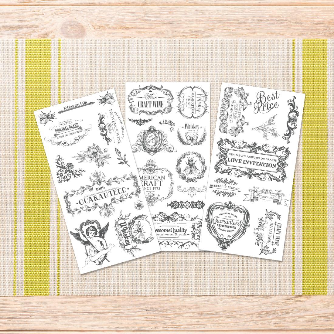 PLIGREAT 3 Sheets Vintage Label Rub on Transfers for Crafts and Furniture, Rub on Transfer Stickers Home Decor Transfer Paper for DIY Wood Furniture Drawer Cabinet Fridge Door Table Chair Decoration - Image 8