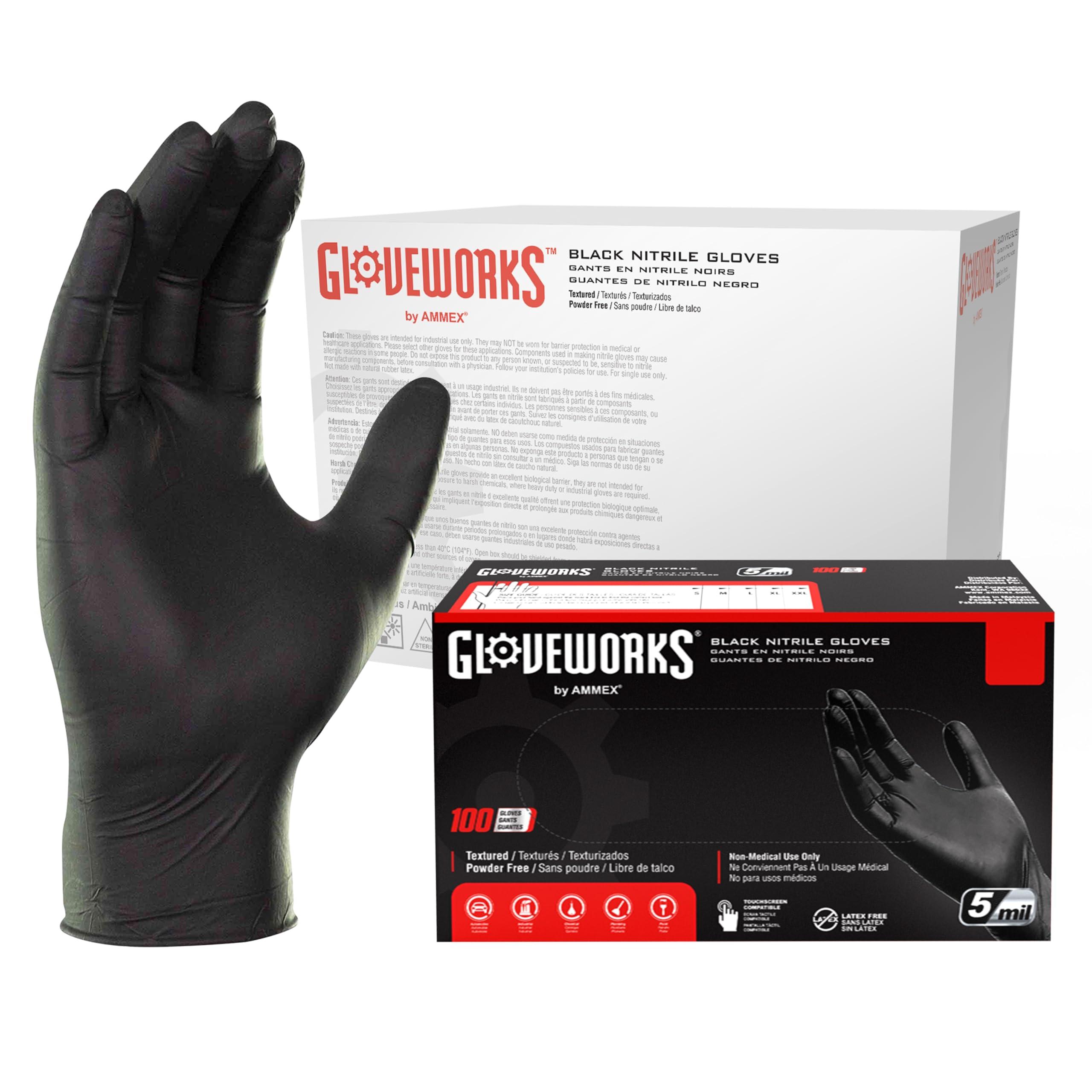 GLOVEWORKS Black Disposable Nitrile Industrial Gloves, 5 Mil, Latex & Powder-Free, Food-Safe, Textured