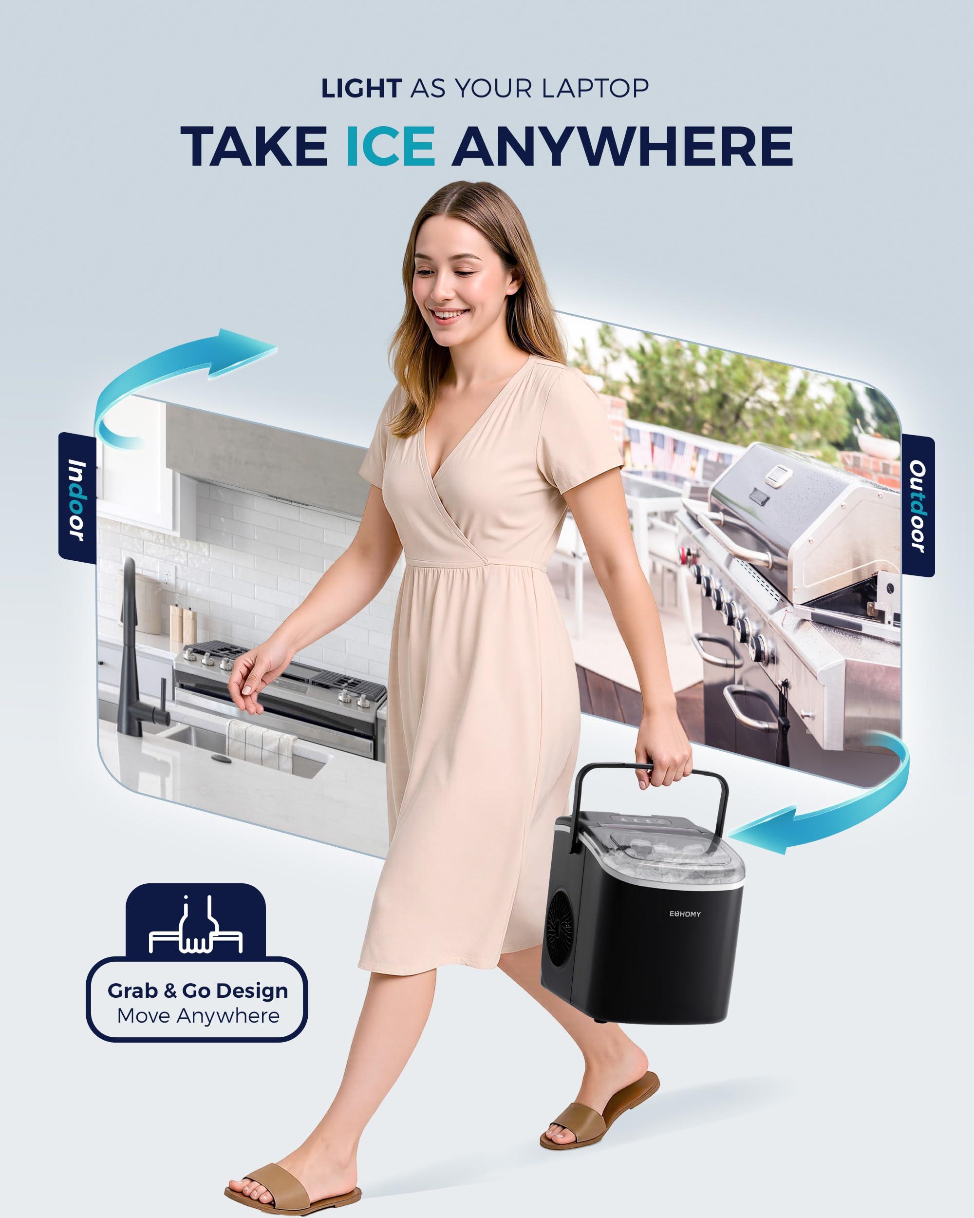 EUHOMY Countertop Ice Maker Machine with Handle, 26lbs in 24Hrs, 9 Ice Cubes Ready in 6 Mins, Auto-Cleaning Portable Ice Maker with Basket and Scoop, for Home/Kitchen/Camping/RV. (Black) - Image 5