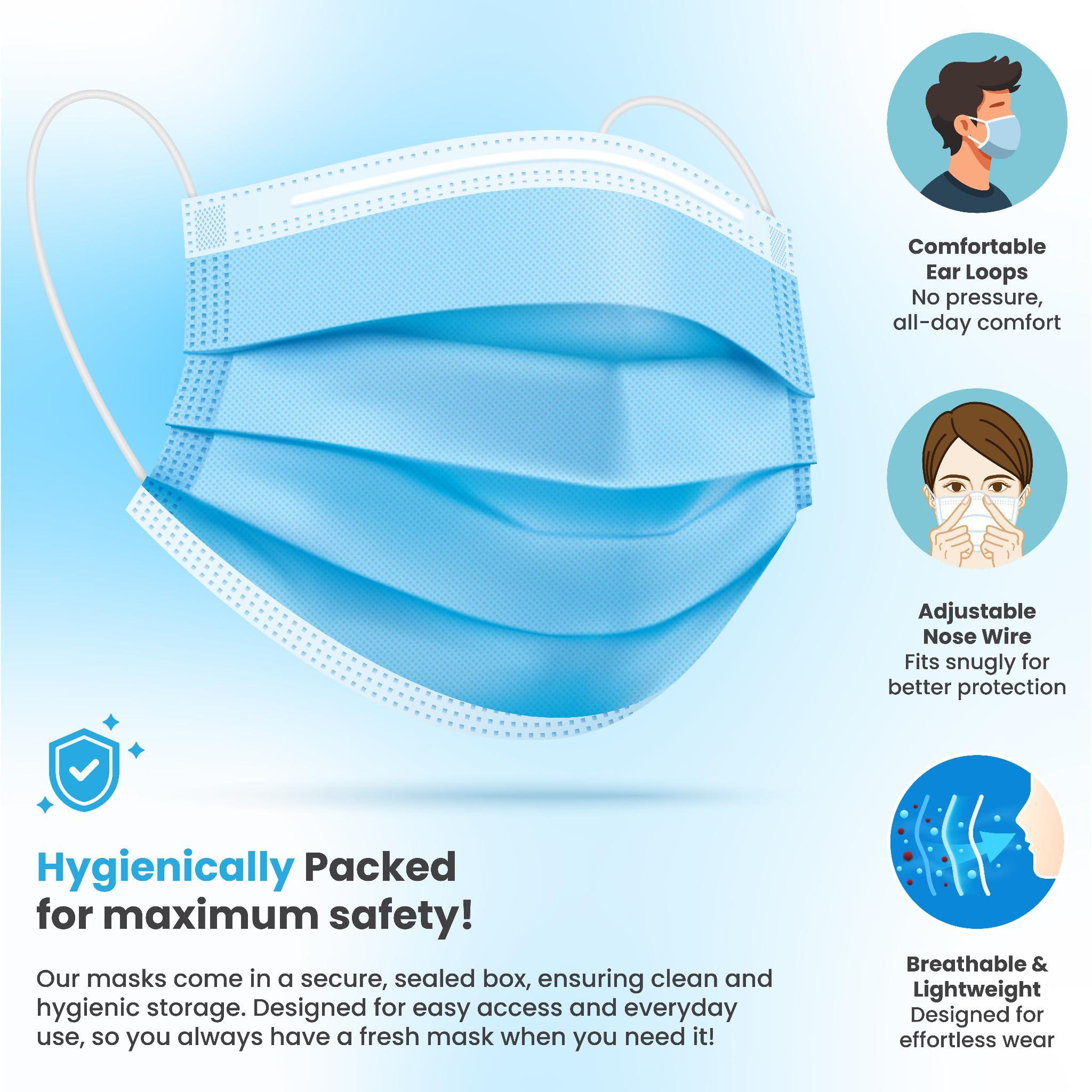 PURE GEM [Pack of 150] Single Use Disposable Blue Face Mask, Soft on Skin, 3-ply Masks Facial Cover with Elastic Earloops Great For Home, Office, School, and Outdoors - Image 3