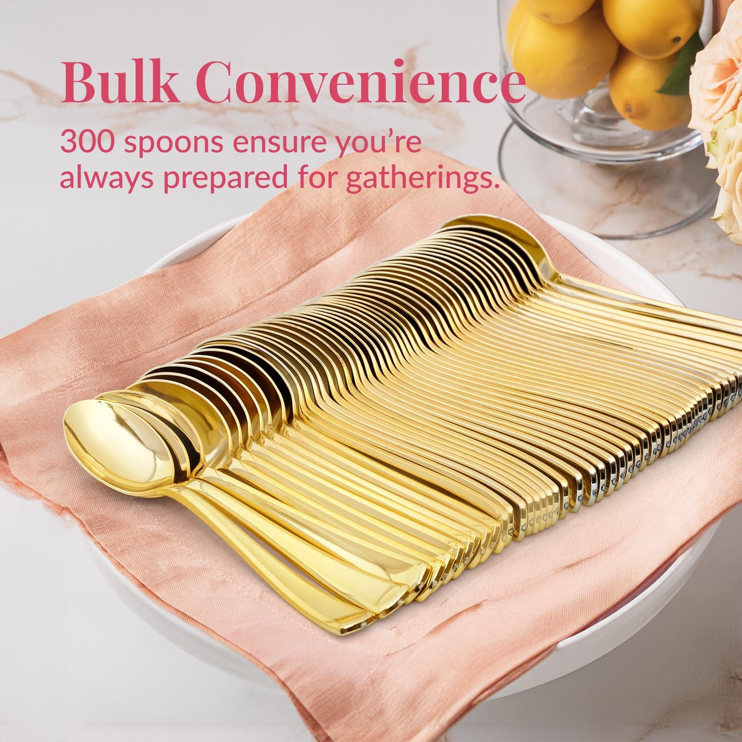 Prestee Gold Plastic Spoons, 300 Pc, Disposable Spoon Cutlery Flatware Pack for Party, Wedding Events, Sparkle & Glamour - Plastic Utensil Set for Parties, Events and Everyday Use - Image 4