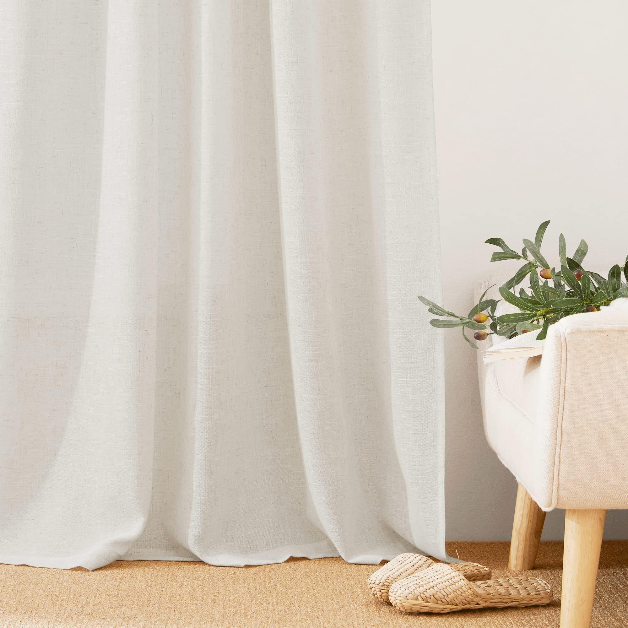 RYB HOME 108 inch Curtains - Flax Linen Blend Semi Sheer Light Glare Filtering Extra Long Drapes for Living Room Dining Doorway Farmhouse Office Sunroom, Linen, Wide 52" by Long 108", 2 Panels - Image 4