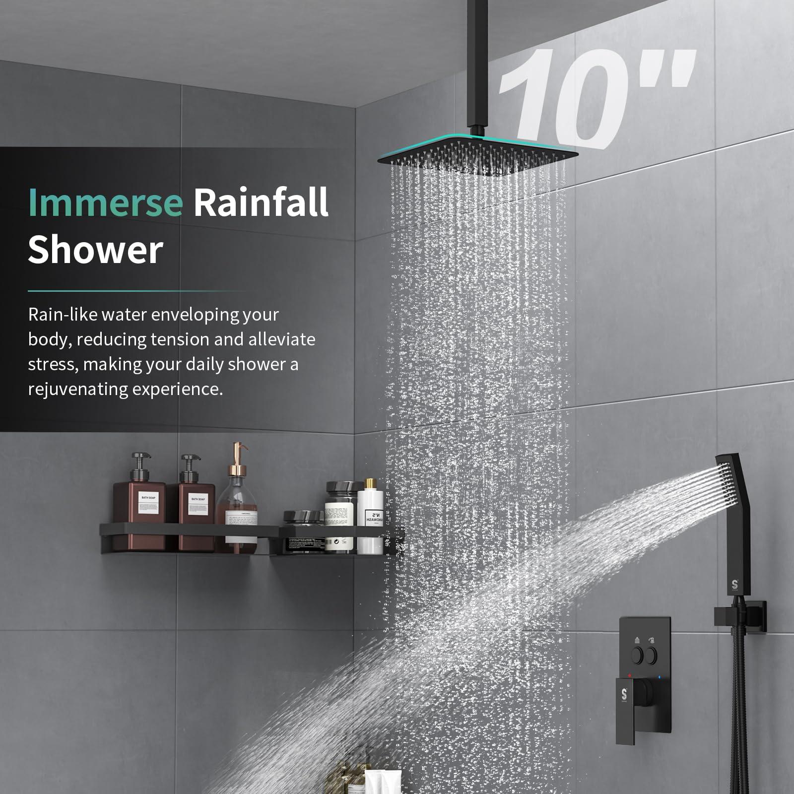 SR SUN RISE Ceiling Mounted Shower System with Push Button Diverter, Luxury 10 Inch Rain Shower Head with Handheld Spray, High Pressure Shower Faucet Combo Set with Rough-in Valve, Matte Black - Image 7