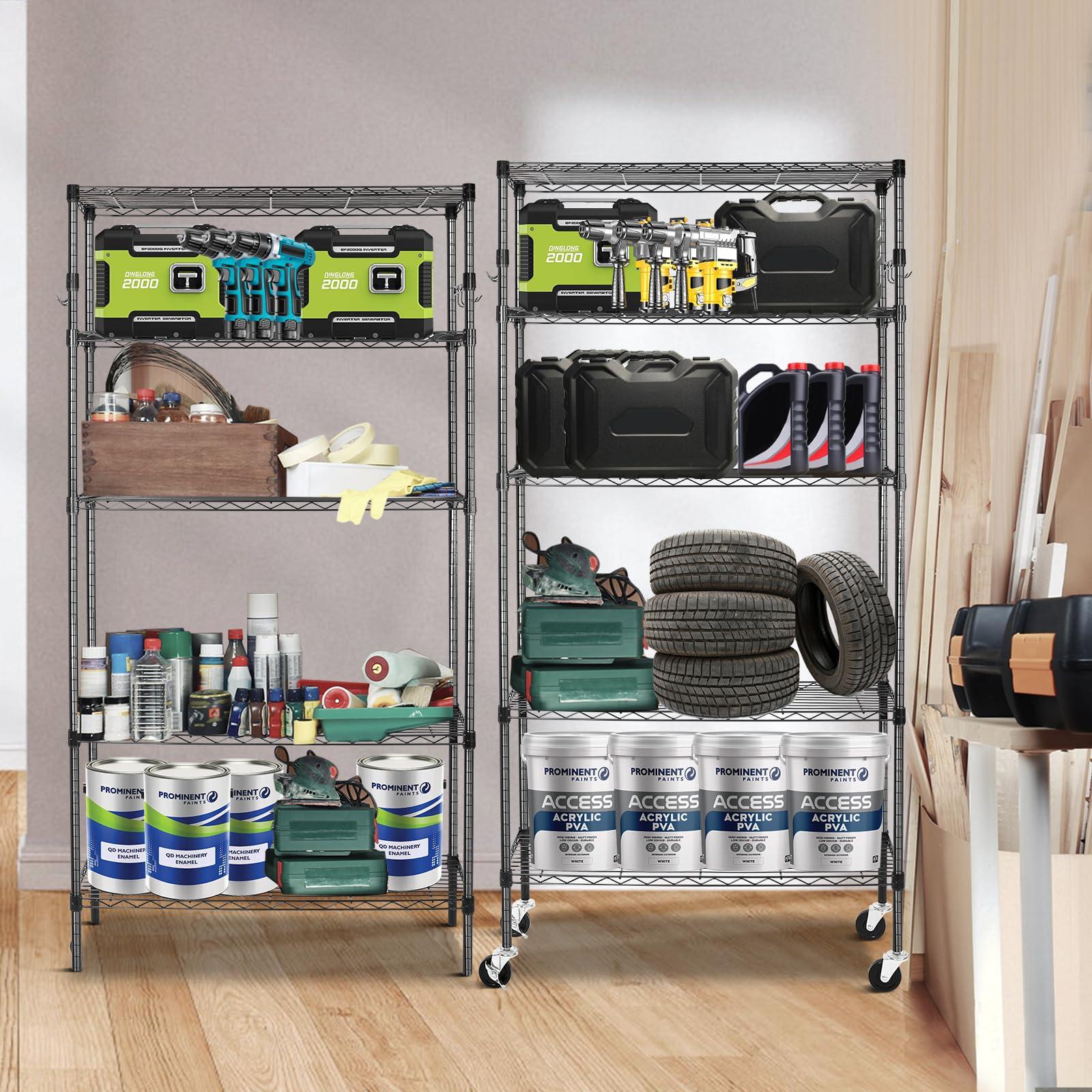 YNN Storage Shelves,1750Lbs 5 Tier Heavy Duty Metal Rolling Shelving Unit with Wheels & 8 Hooks, Adjustable Garage Wire Rack for Kitchen, Bathroom,Industrial,Pantry(36" W x 14" D x 72" H,Black) - Image 2