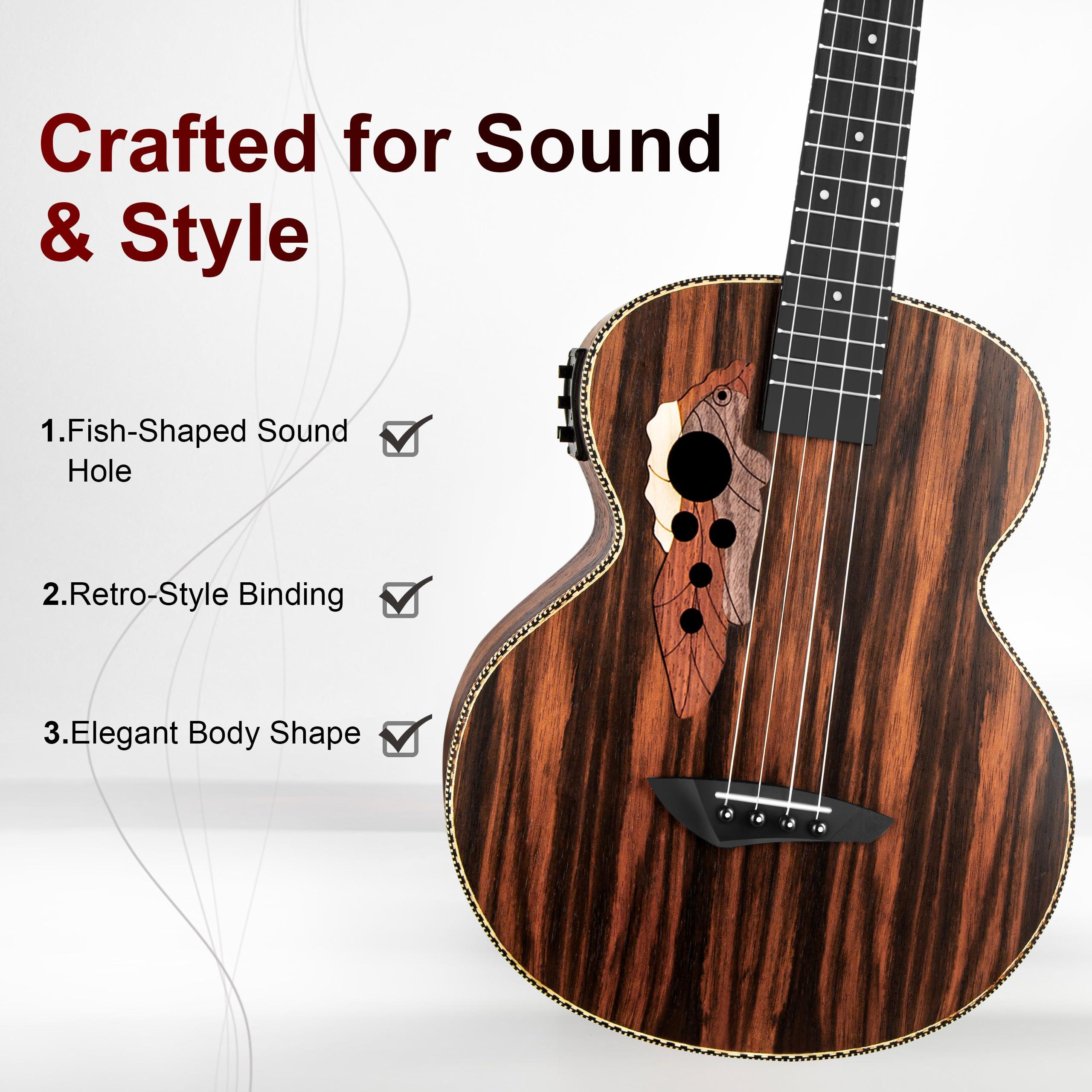Caramel Ebony Wood Baritone Ukulele 30inch Wood LCD Color Display Electric Ukelele Kit Hawaiian Beginner Guitar Starter Pack Bundle Gig bag, Strap, Strings Set - Image 2