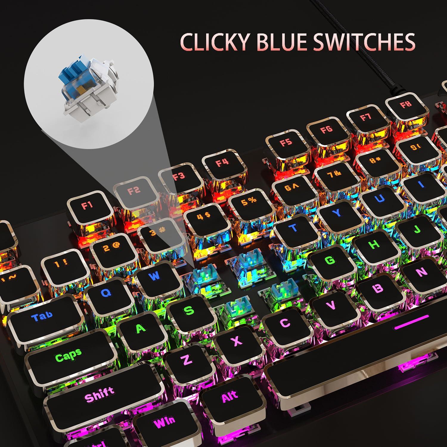 Camiysn Typewriter Style Mechanical Gaming Keyboard, Black Retro Punk Gaming Keyboard with RGB Backlit, 104 Keys Blue Switch Wired Cute Keyboards, Unique Square Keycaps for Windows/Mac/PC - Image 3