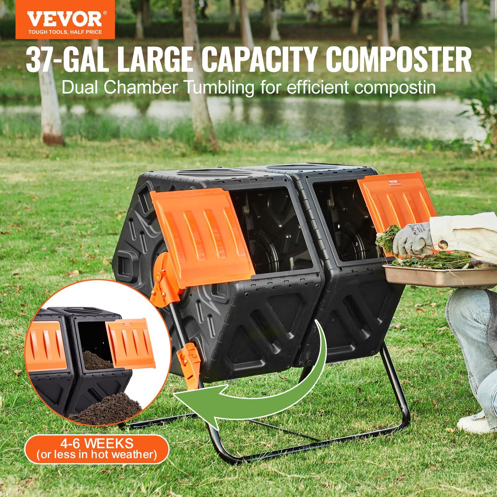 VEVOR Compost Bin, 37-Gal Dual Chamber Composting Tumbler, High Volume Two Rotating Chambers with 2 Sliding Door and Steel Frame, BPA Free Composter Bin Tumbler for Garden, Kitchen, Yard, Outdoor - Image 4