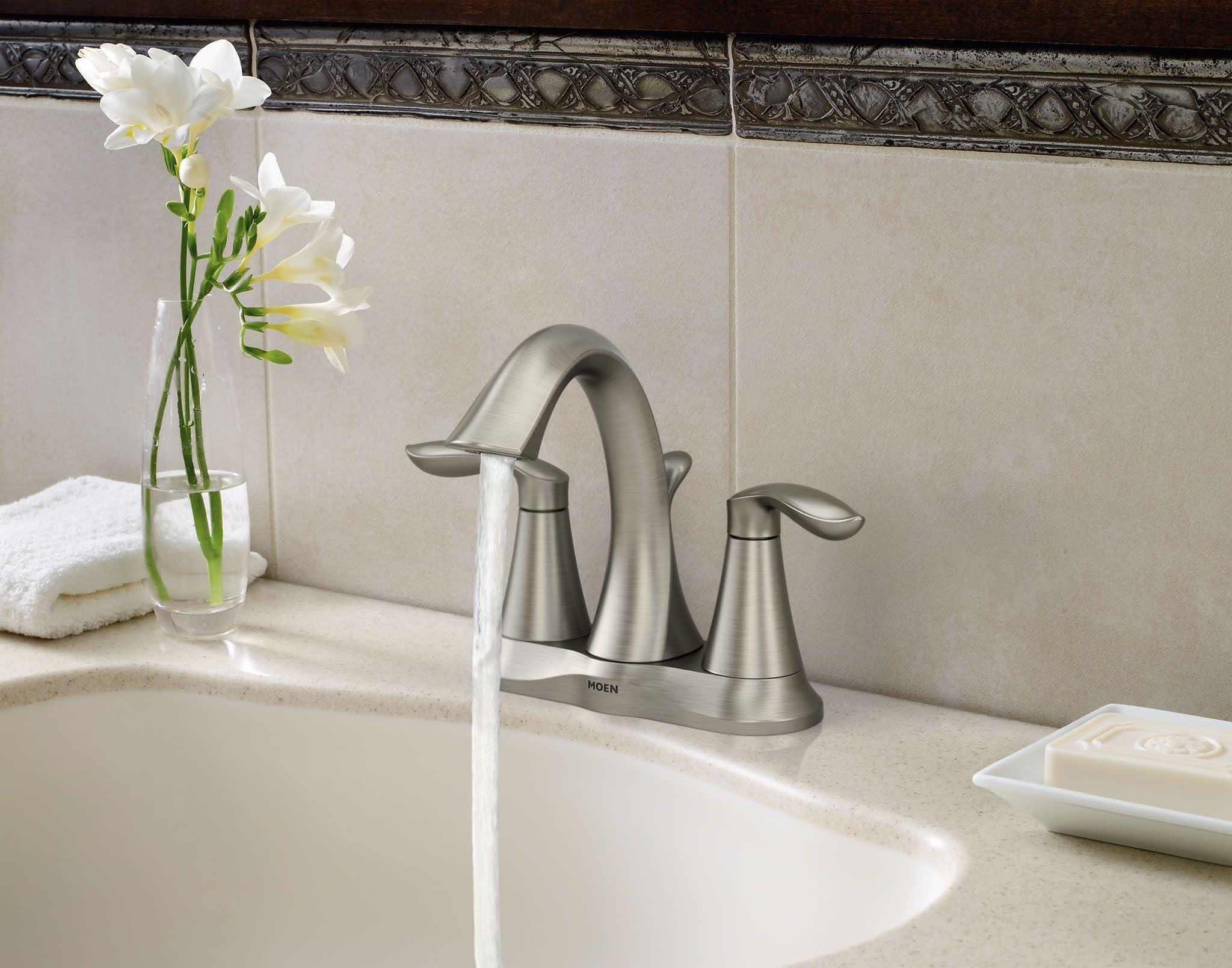 Moen Eva Brushed Nickel Two-Handle 4-Inch Centerset Bathroom Faucet with Drain Assembly, Bathroom Faucets for Sink 3-Hole, 6410BN - Image 6