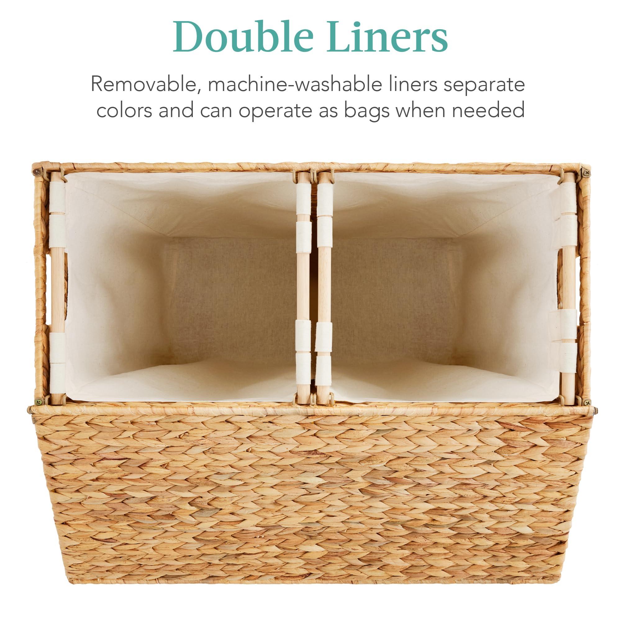 Best Choice Products Large Double Laundry Hamper with Lid, Natural Handwoven Water Hyacinth, 2 Sections w/ 2 Machine Washable Linen Liner Bags, Portable, Handles - Natural - Image 4