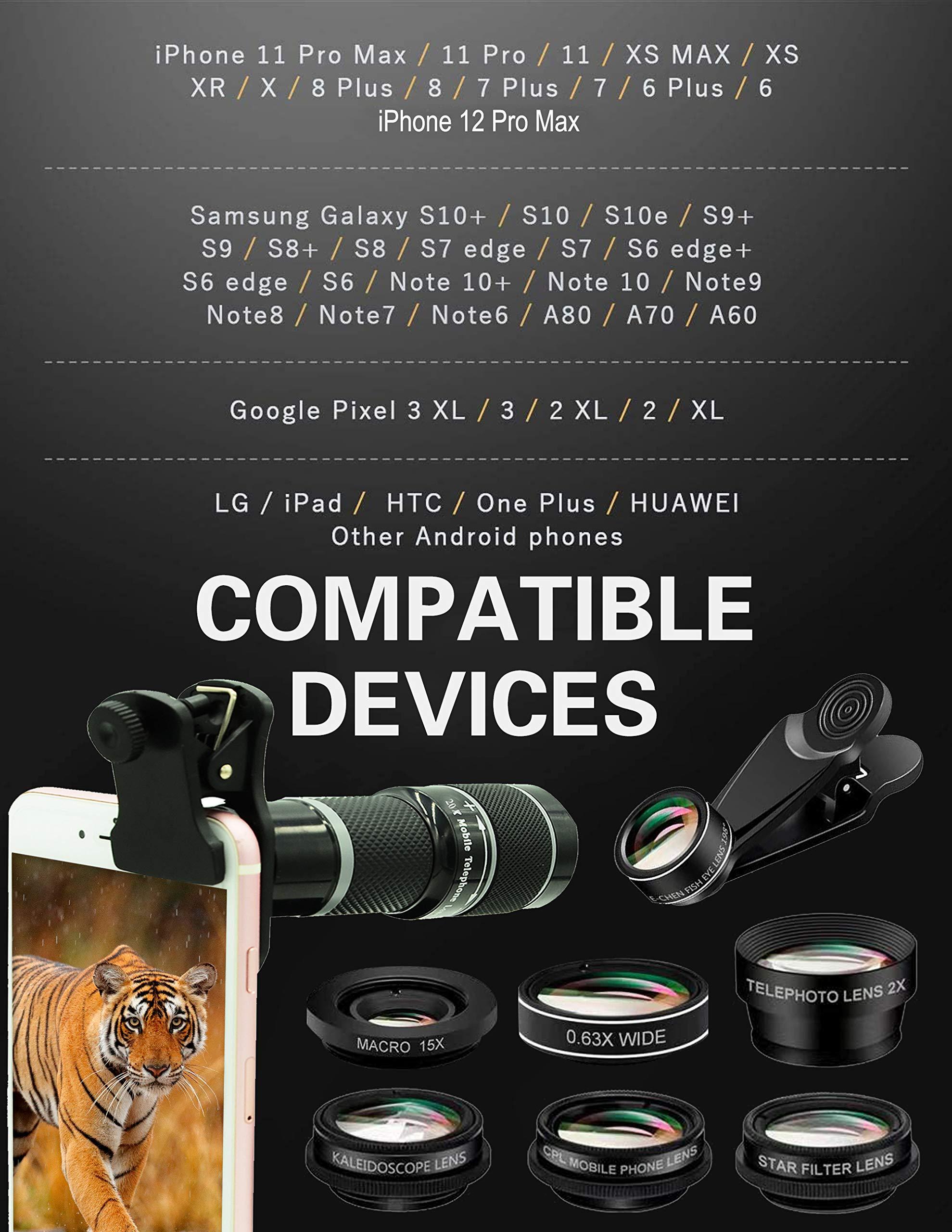 Cell Phone Camera Lens Kit,11 in 1 Universal 20x Telephoto 0.63Wide Angle 15X Macro 198°Fisheye 2X Telephoto Kaleidoscope CPL Starlight Eyemask Tripod,for Most iPhone Smartphone (Black) - Image 8