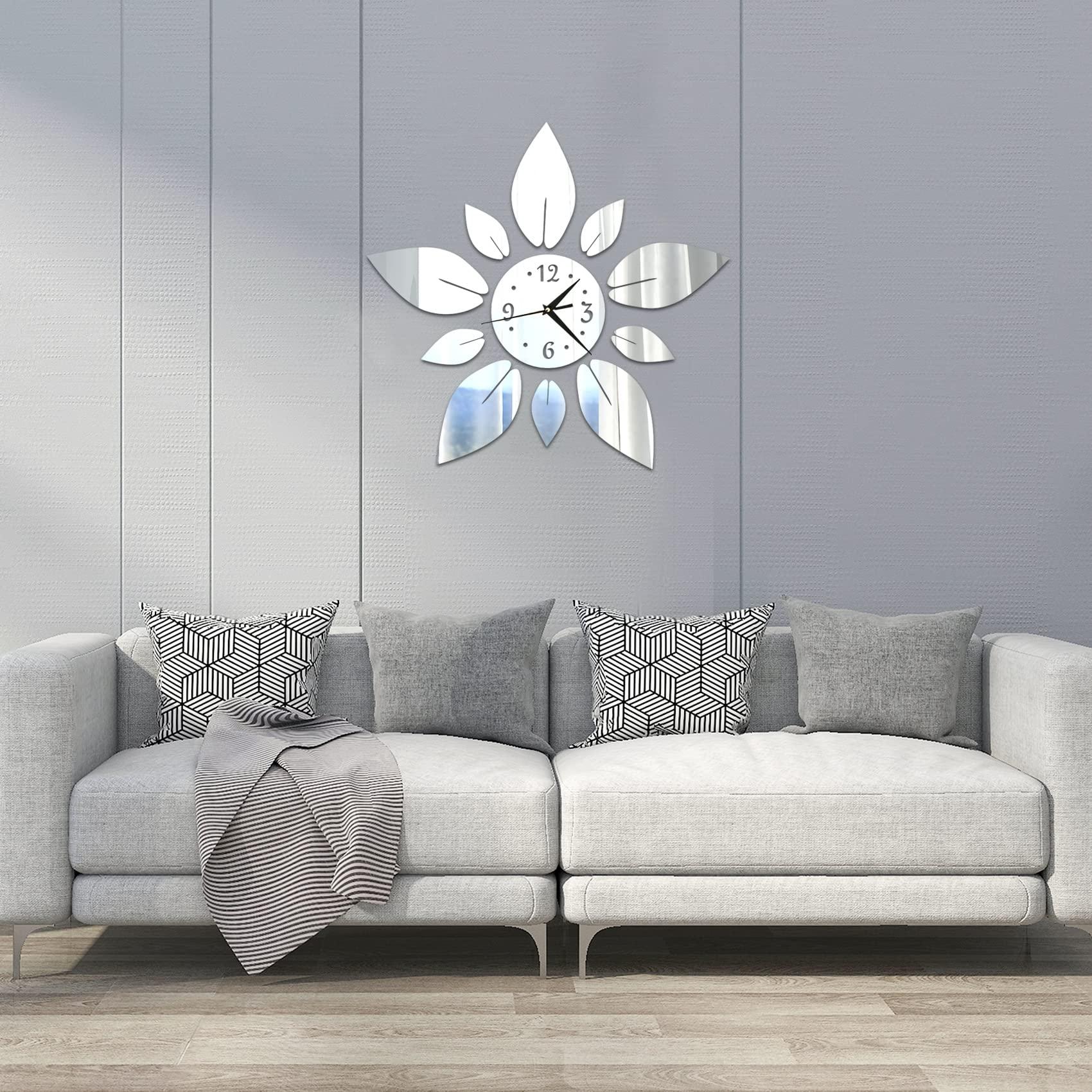 haodeni Modern Flowers Digital 3D Large Wall Clock Mirror Stickers Self-Adhesive Acrylic Crystal Decals DIY Silent Petal Combo Art Clocks Decoration for Home Apartment Office (Silver) - Image 5