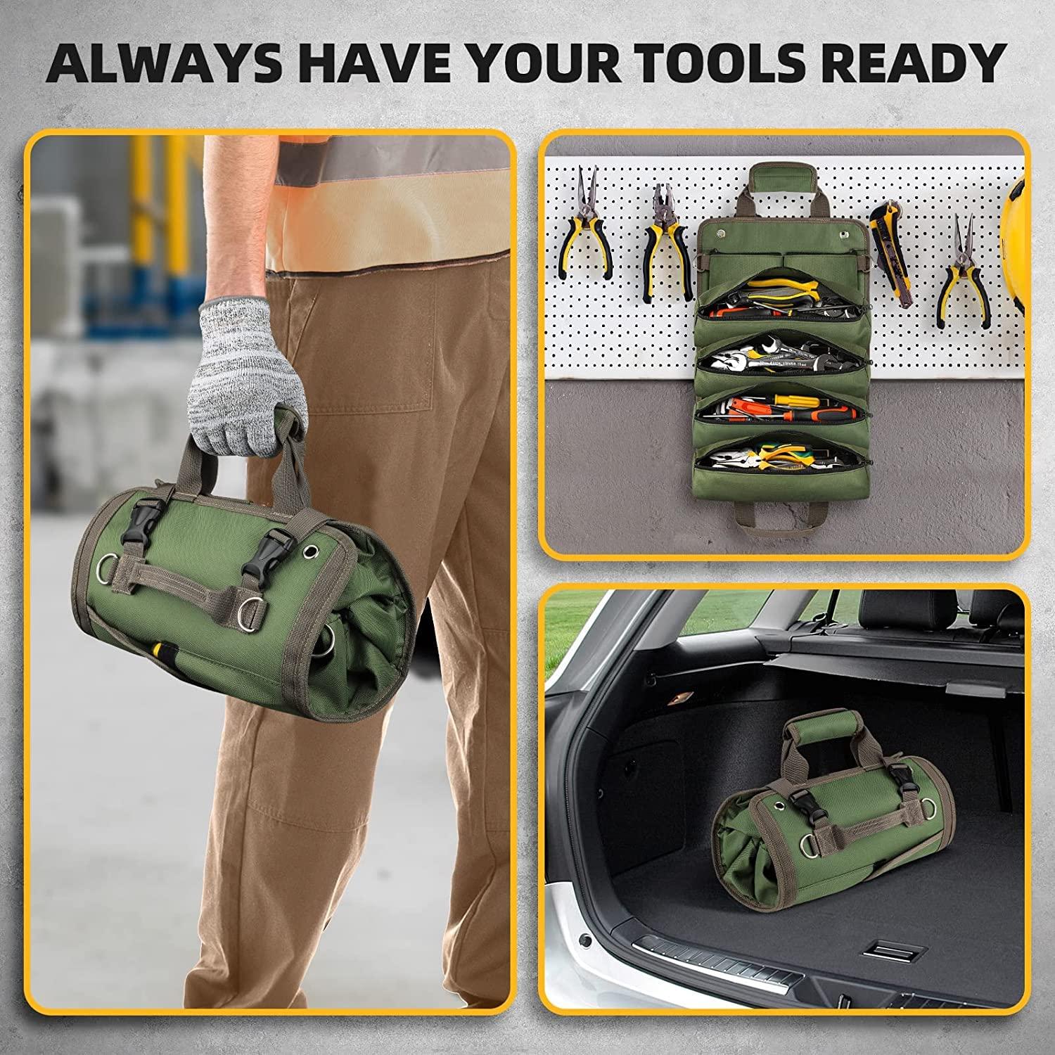 Tool Bag Roll Up, UUP Heavy Duty Rolled Empty Tool Storage Organization, Portable Foldable Rollup Organizer with 2 Small Pouches, Rollable Carrying Toolbag, Dad Men Mechanic Birthday Gifts, Army Green - Image 4