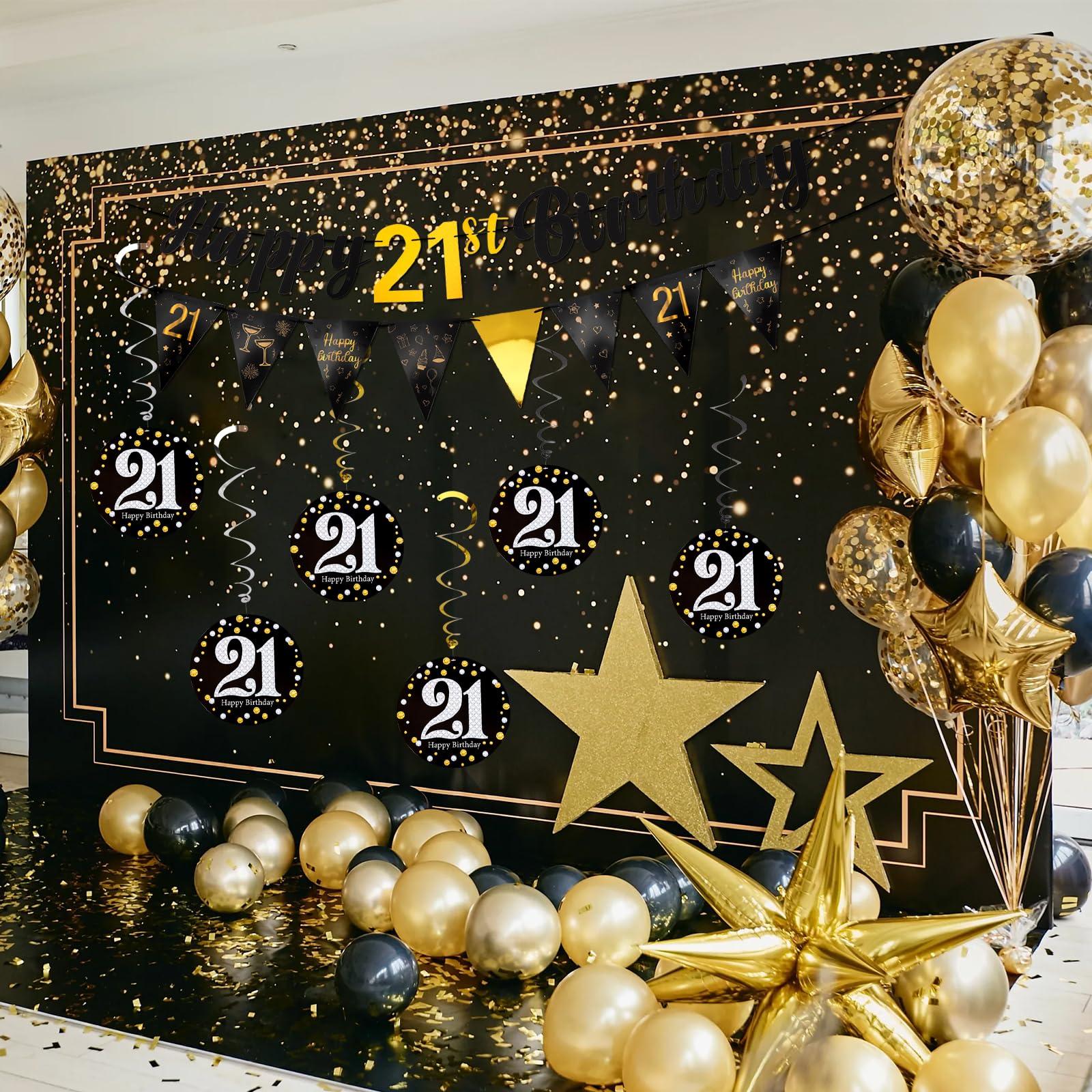 Hapdoo 21st Birthday Decorations Set - 21st Birthday Decorations Men Happy 21 Banner Triangle Flag Hanging Swirls Streamers for Women Men Party Supplies, Black and Gold - Image 6