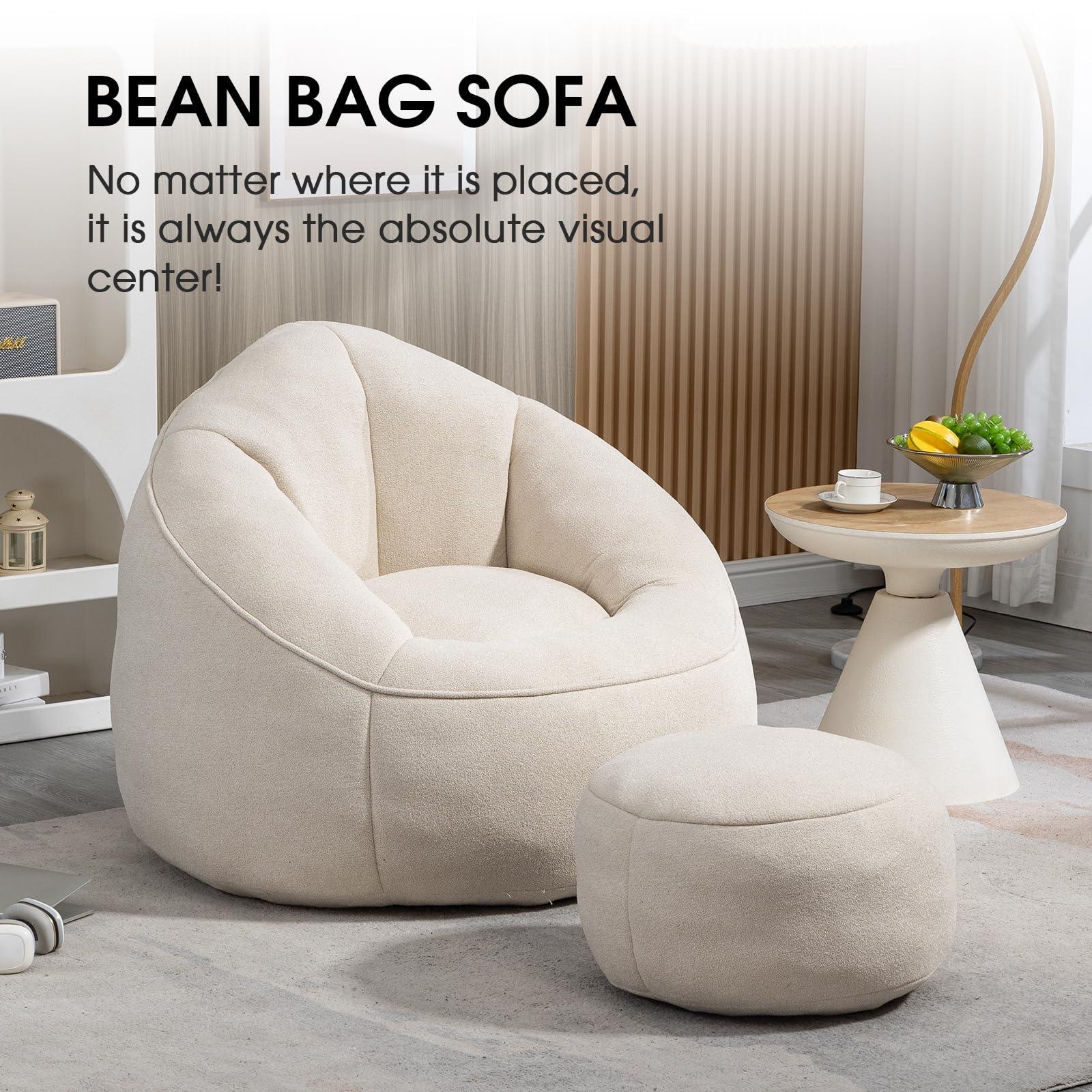 Sudwesto Bean Bag Chair for Adult, Microfiber Upholstered Bean Bag Sofa with Petal Back, Shell-Shaped Beanbag Chair with Footstool, Memory Foam Stuffed Lazy Sofa for Living Room, Bedroom (Beige) - Image 3