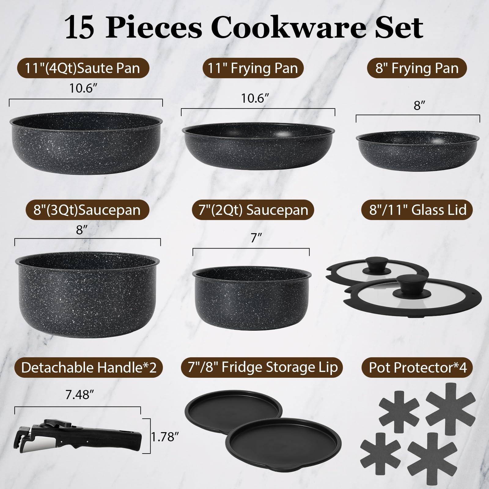 SODAY 15Pcs Pots and Pans Set Non Stick, Cookware Sets with Detachable Handle, Nonstick RV Kitchen Cooking Tools Removable Handles, Oven Safe, Induction Fast, Stackable Induction Cookware,Black - Image 3