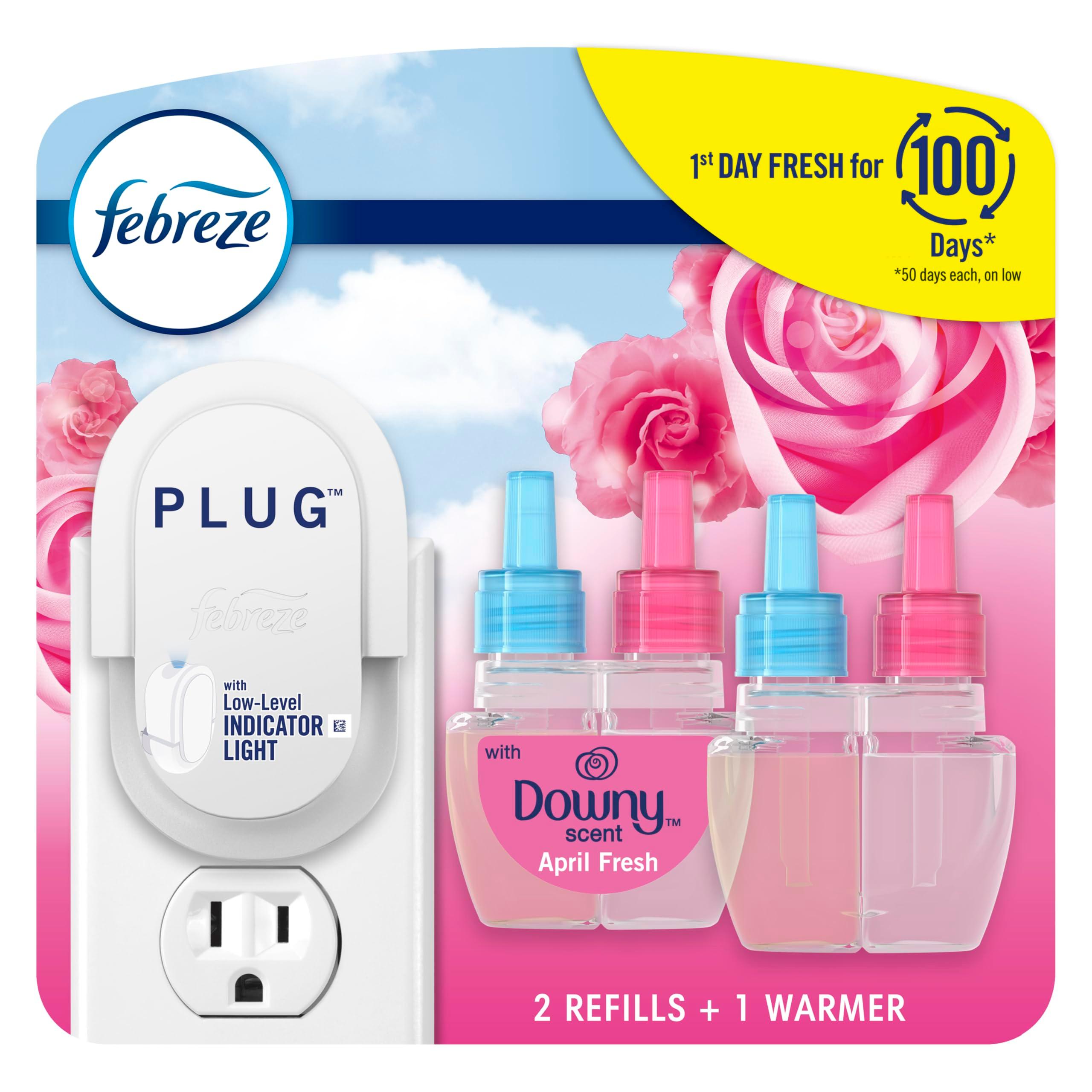 Febreze Plug In Air Freshener, Odor-Fighting Scented Oil Starter Kit, Air Fresheners for Home and Bathroom and Kitchen, Long Lasting for Strong Odors, Downy April Fresh Scent, Warmer + 2 Refill