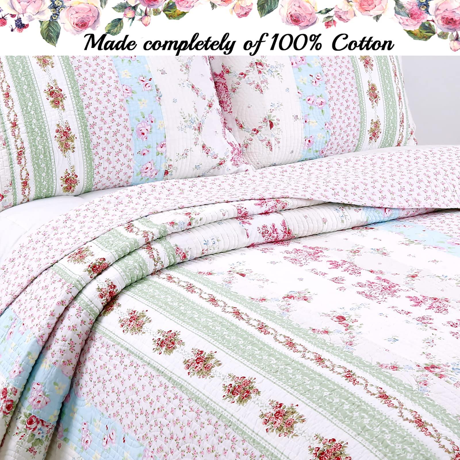 Cozy Line Home Fashions 100% Cotton Real Patchwork Pink Floral Cottage Shabby Chic Reversible Quilt Bedding Set, Bedspread, Coverlet (Wild Rose, Queen - 3 Piece) - Image 3