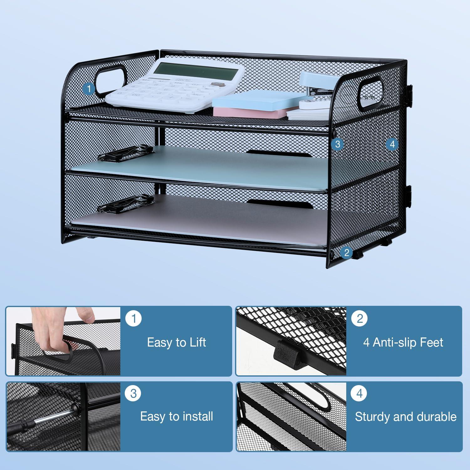 NCXTKJ 3-Tier Letter Tray Paper Organizer with Handle, Compact Mesh Desk File Organizer for Home Office Supplies Desktop Accessories,Black - Image 5