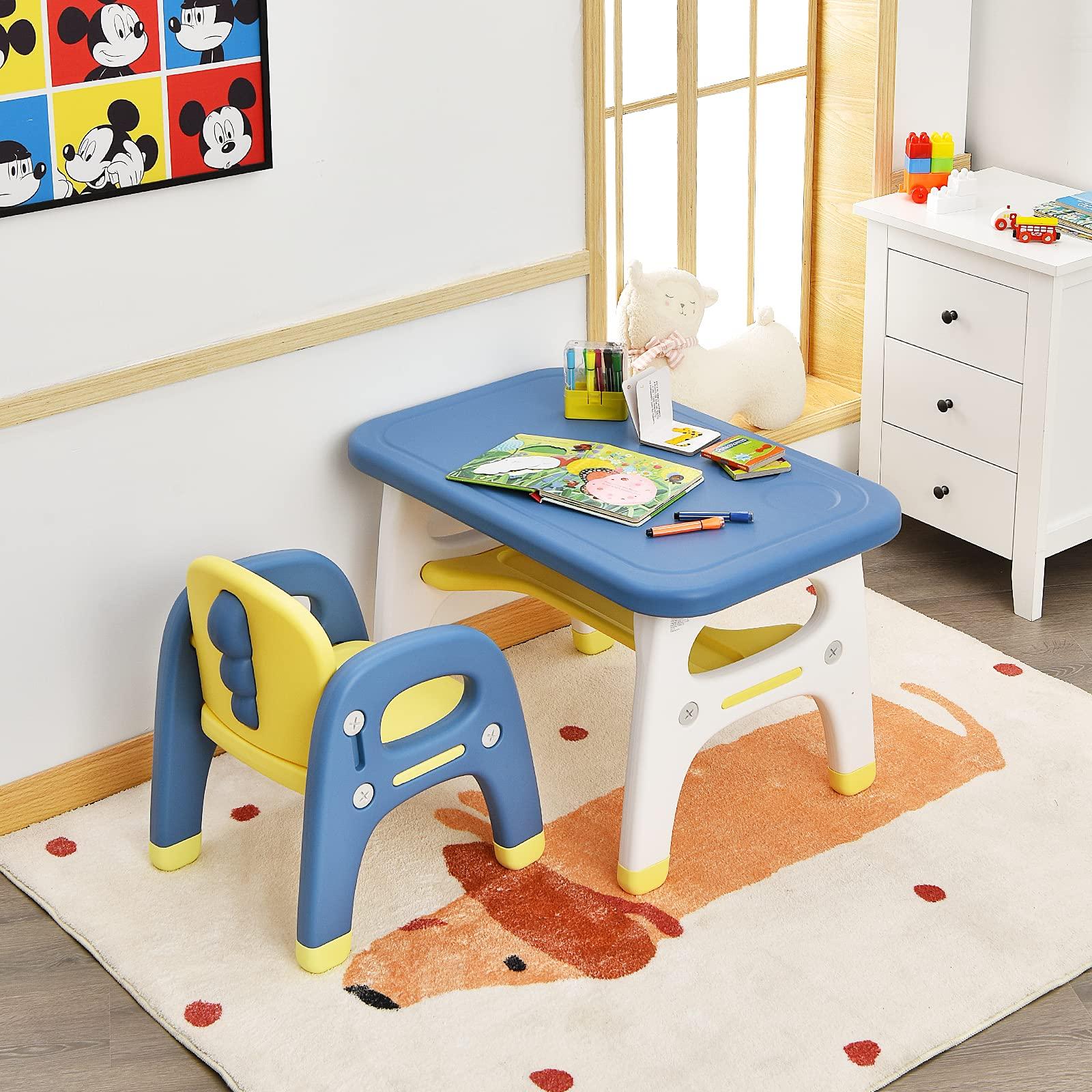 Costzon Toddler Table and Chair Set, Cute Dinosaur Children Activity Art Sturdy Desk Set w/Storage Rack & Montessori Toys Building Blocks, Kids Table and Chair for Baby Boys Girls (Blue) - Image 2