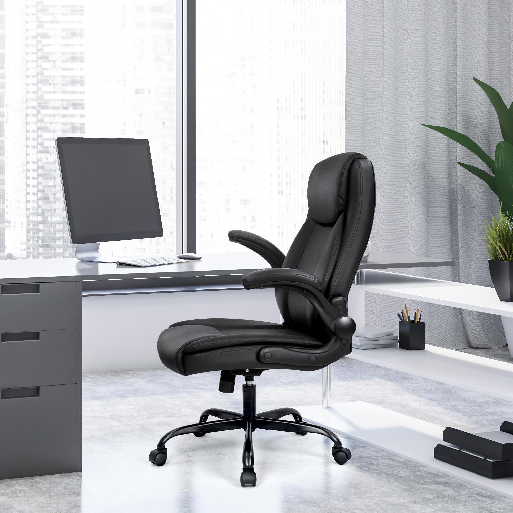 NEO CHAIR Ergonomic Office Desk Gaming Computer Chair Executive High Back Support Flip-up Arms Adjustable Height Swivel Rolling Wheels Comfy PU Leather for Home (Black) - Image 2