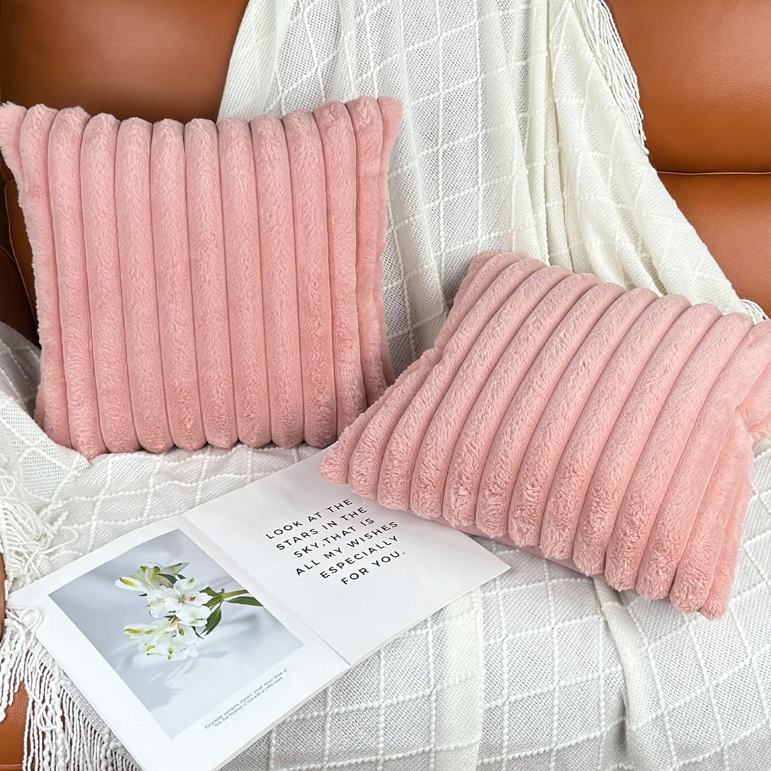 18x18 Throw Pillow Covers Set of 2, Decorative Faux Fur Covers for Bed, Couch Soft Fluffy Pillow Cover with Velvet Back for Living Room, Neutral Home Décor Accent for Sofa - Pink - Image 2