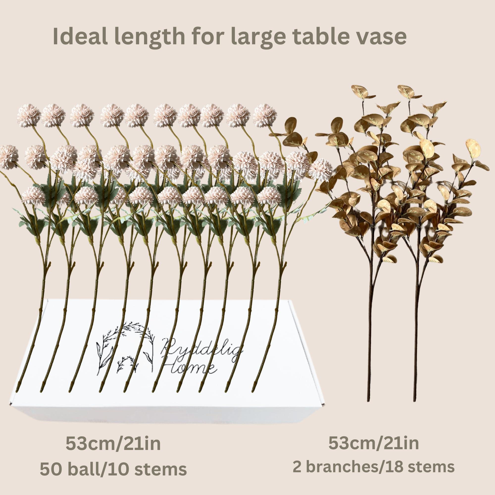 Artificial Silk Flowers Beige 10 Stems + Eucalyptus, Faux Flowers For Vase, Fake Mums Long Stem, Tan Nude Cream Neutral Floral, Chrysanthemum Pom Pom Floral Arrangements, Mini Faux Mums Flower Bulk - Image 5