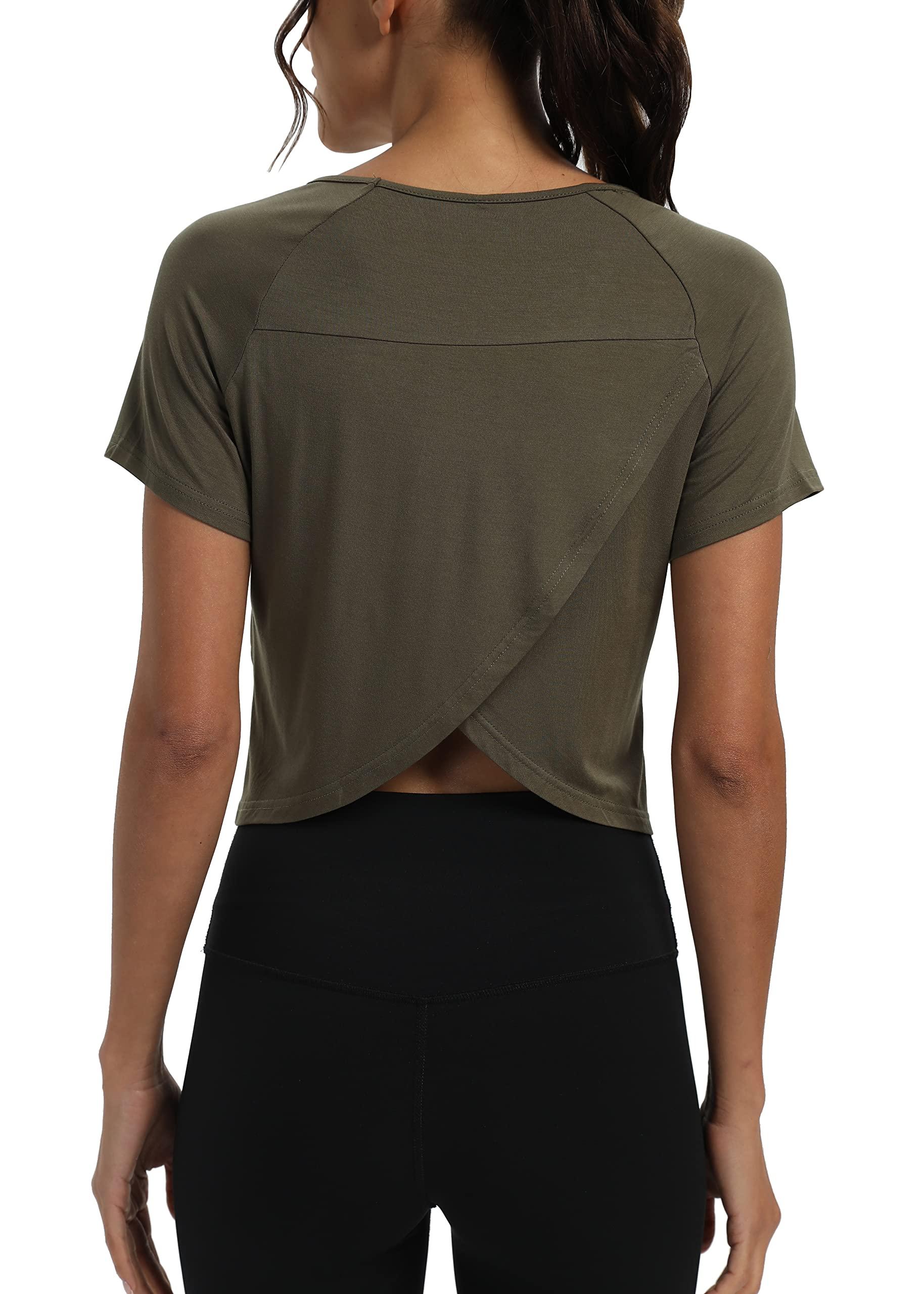 Mippo Workout Tops for Women Cropped Split Back Athletic Gym Exercise Shirts Loose Fit