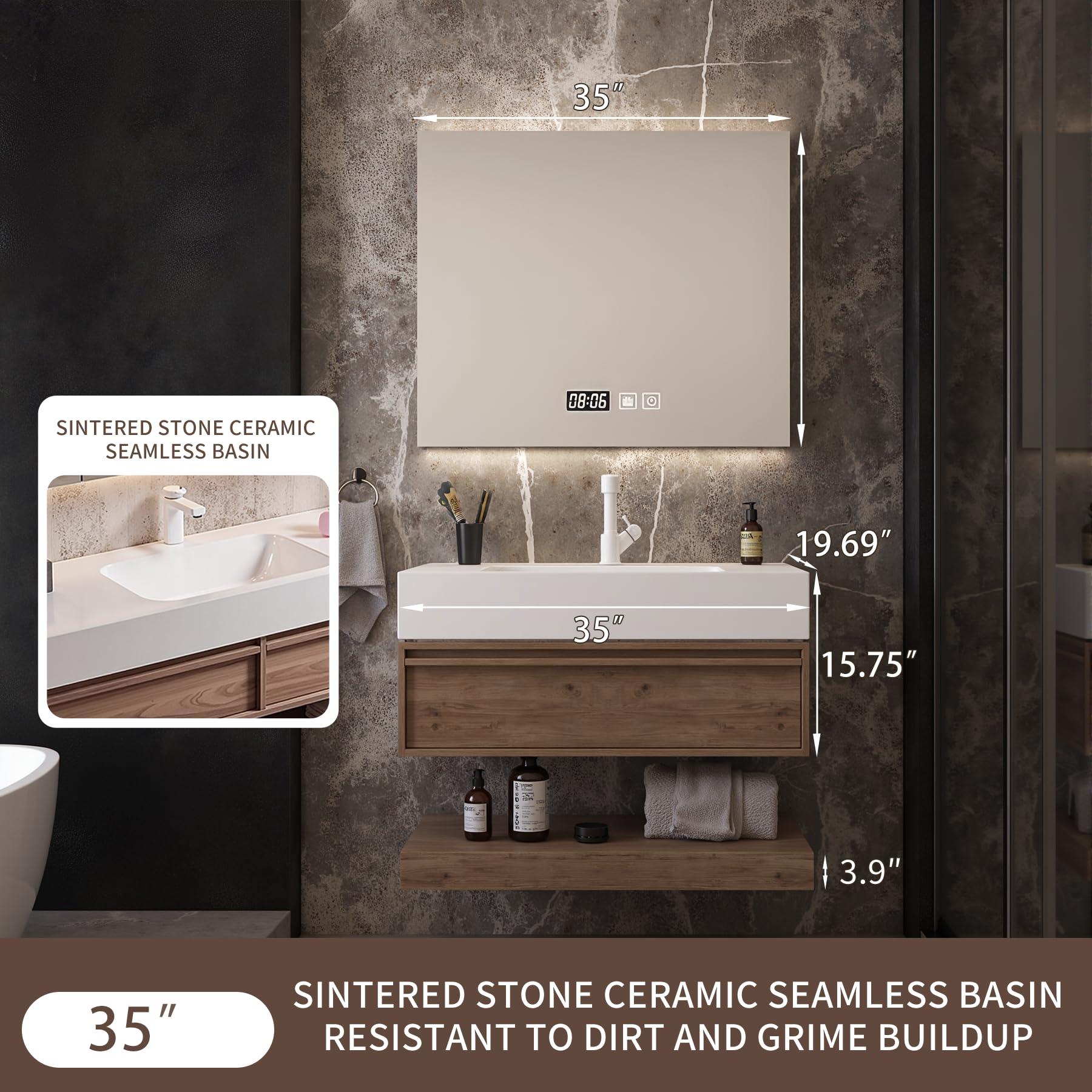 Nuvroa Bathroom Vanity with Sink,Bathroom Vanities Cabinet with Smart Mirro Set,Floating Vanity,Seamless Sink,2 Drawers (35") - Image 2