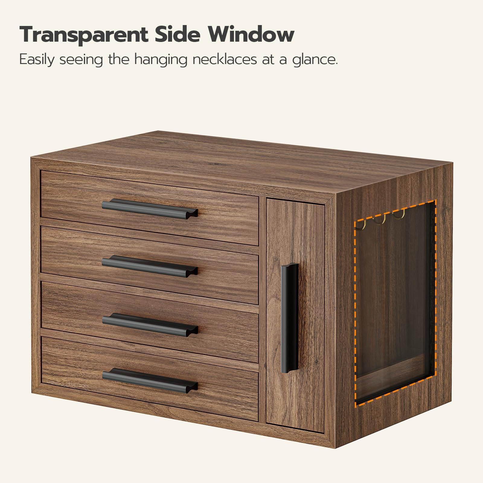 HOOBRO Jewelry Box for Women, Wooden Jewelry Organizer with Transparent Window, 4-Layer Jewelry Organizer Box, Jewelry Holder Organizer for Earrings, Necklaces, Rings, Walnut and Black BH09JB04 - Image 7