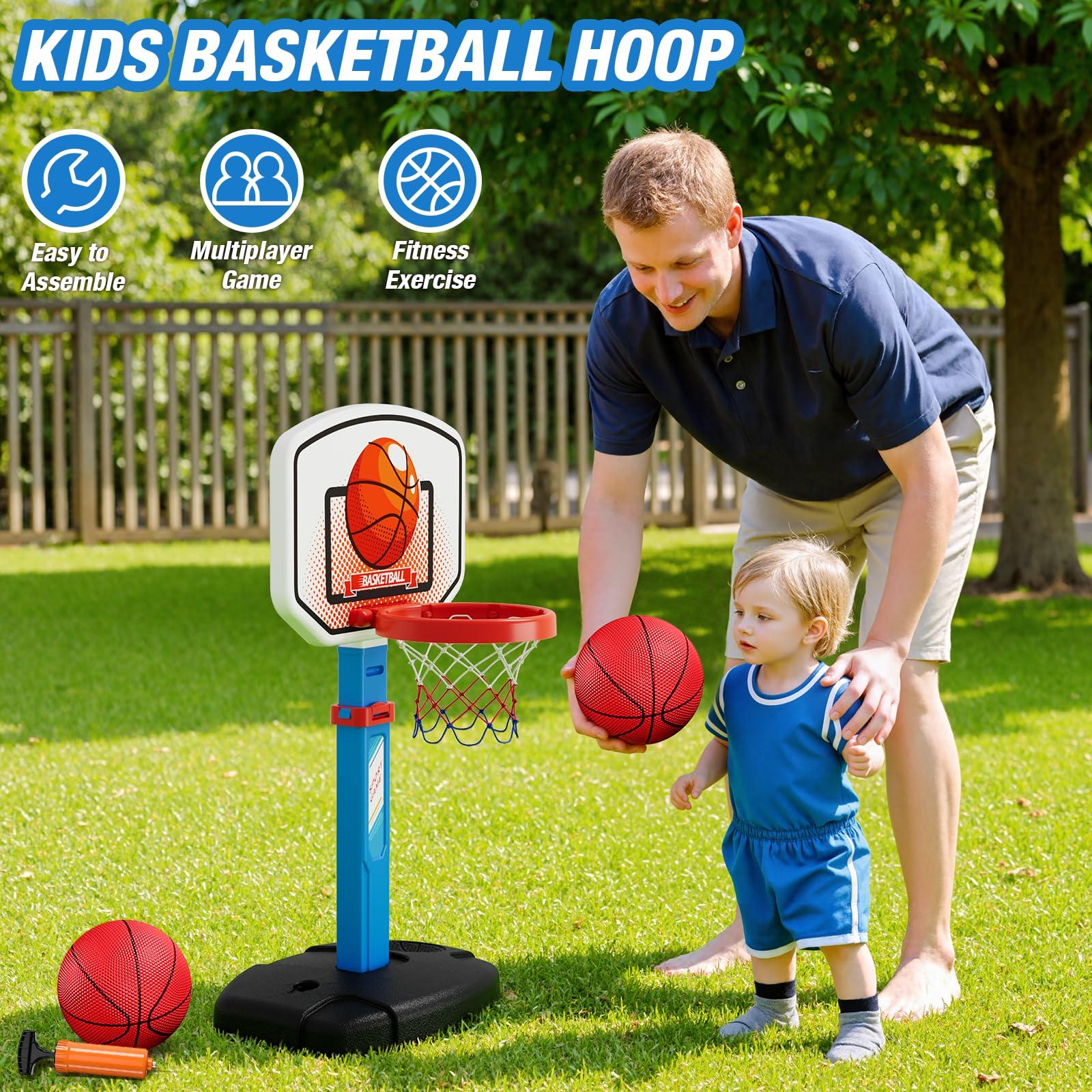 HYES 2 in 1 Kids Basketball Hoop and T Ball Set - Adjustable Height, Kids Baseball Tee with Automatic Pitching Machine, Indoor Outdoor Sport Toys Gifts for Toddler Boys Girls Age 1-5, Blue - Image 6