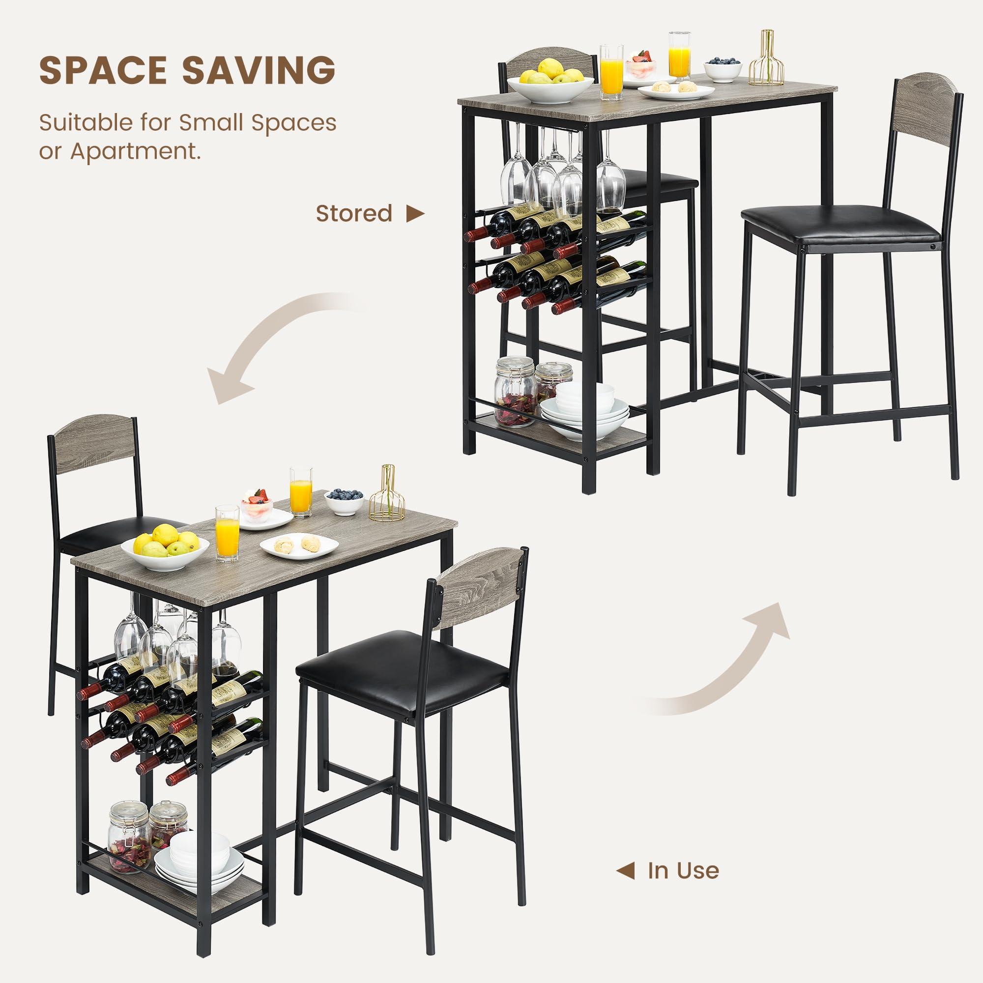 GarveeHome Dining Table Set for 2, Small Kitchen Room Table Set for 2 with Storage Shelf and Wine Rack, Space Saving Bar Table and Chairs Set of 2, Metal Frame and Pu Cushion, Gray - Image 7