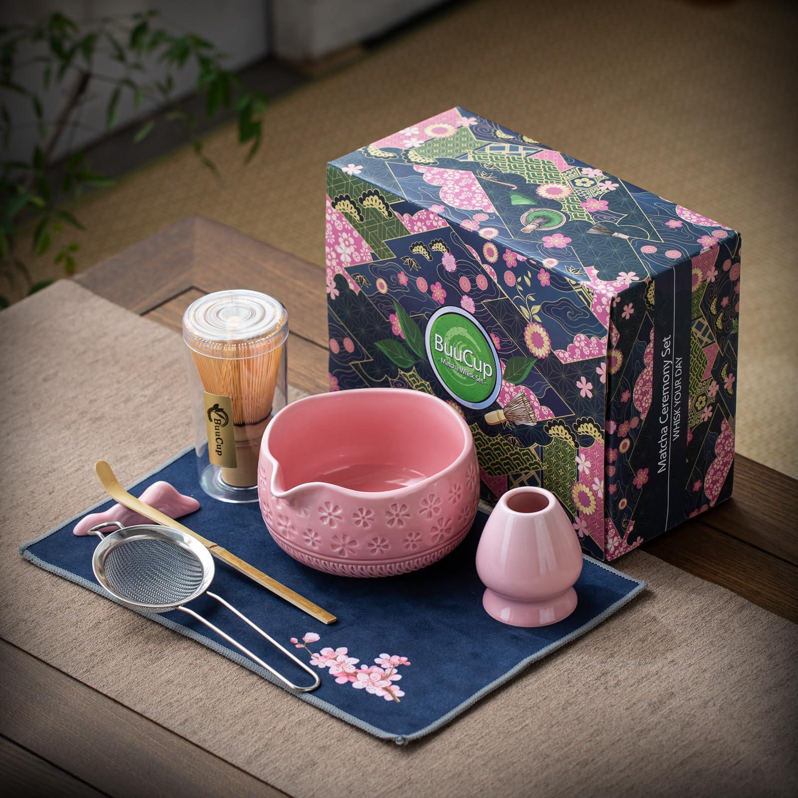 Buucup Matcha Whisk Set, Ceramic Matcha Set Includes Matcha Bowl, Matcha Whisk and Holder, Bamboo Scoop, Scoop Rest, Sifter and Tea Towel - 7 Pcs Matcha Kit for Matcha Lovers (Pink) - Image 2