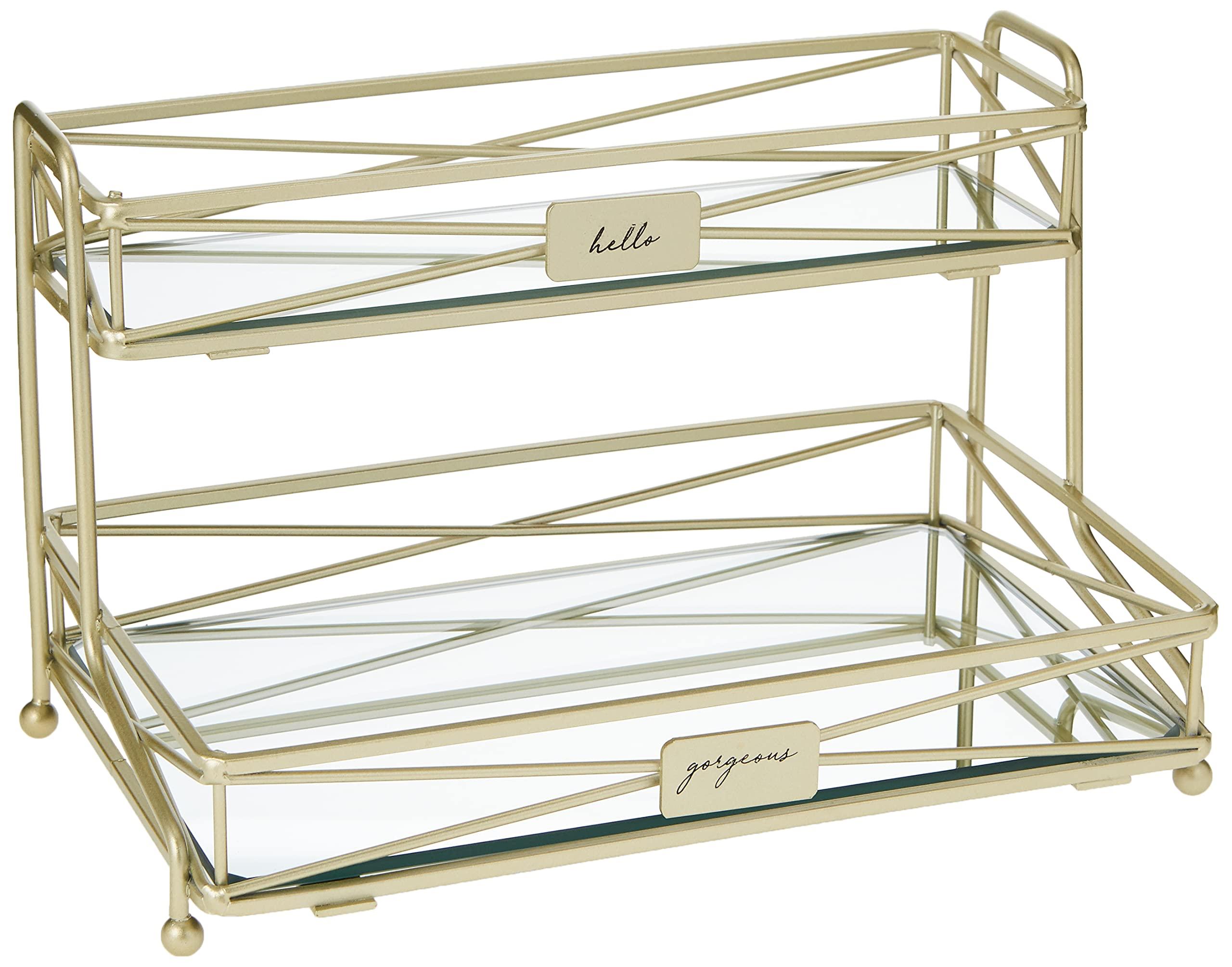 Home Details 2 Tier Mirrored, Perfect for Perfumes, Jewelry, Makeup, Cosmetic Organizer, Stylish Decor in Satin Gold Vanity Tower