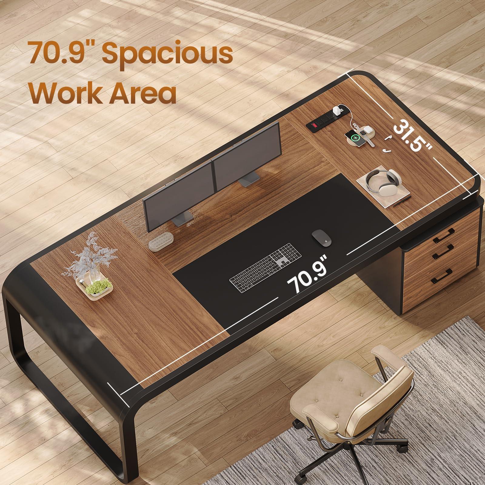 Itaar 70.9" Executive Desk, Large Computer Desk with Drawers and Lateral File Cabinet, Office Desk with Removable Shelves, Business Furniture Desk Workstation for Home Office, Walnut - Image 3