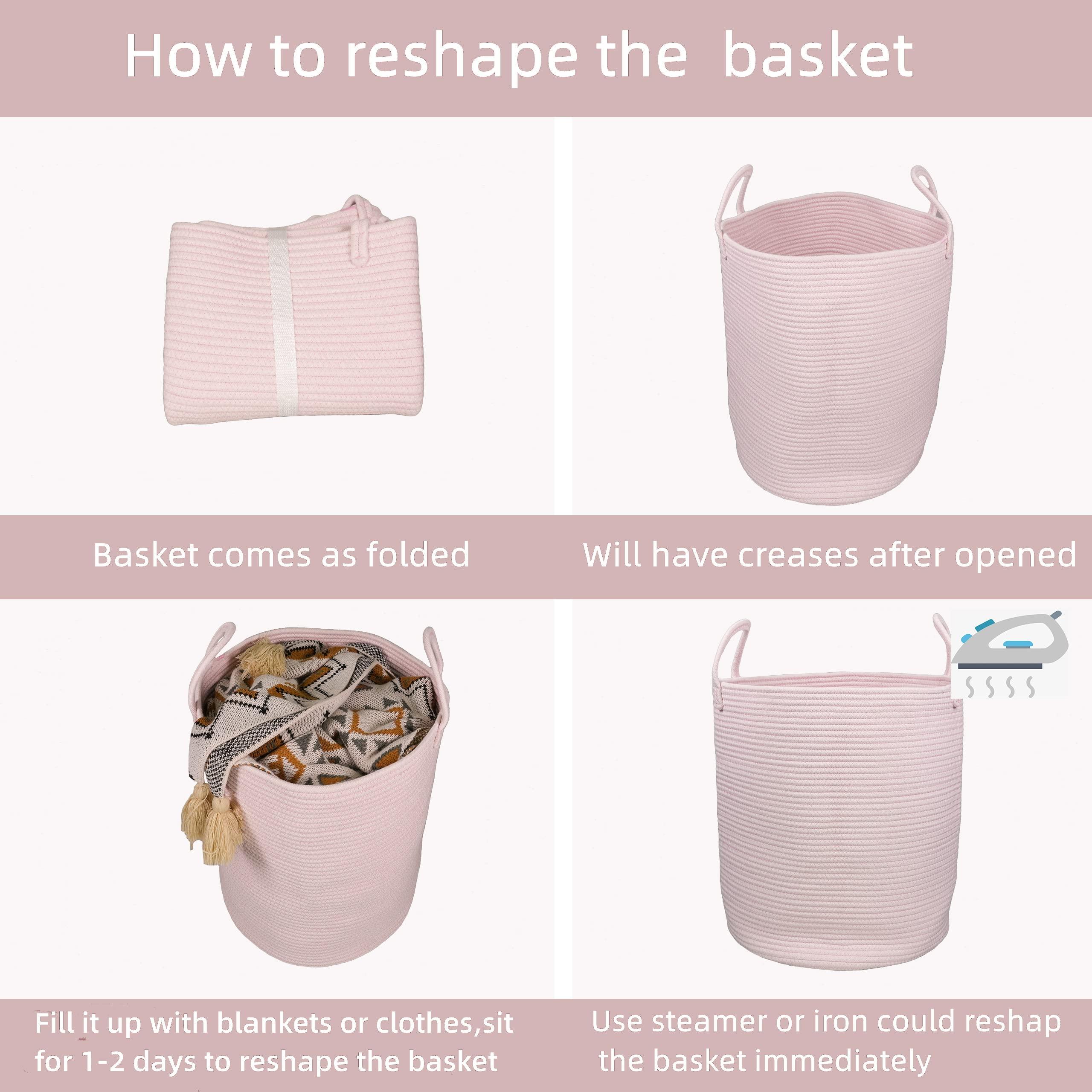 XUANGUO Cotton Rope Laundry Basket Hamper for Girls Kids Baby Nursery Hamper Bin Woven Storage Basket for Living Room Girls room Boho Tall Rope Baskets for Blanket Toys Large light pink - Image 6