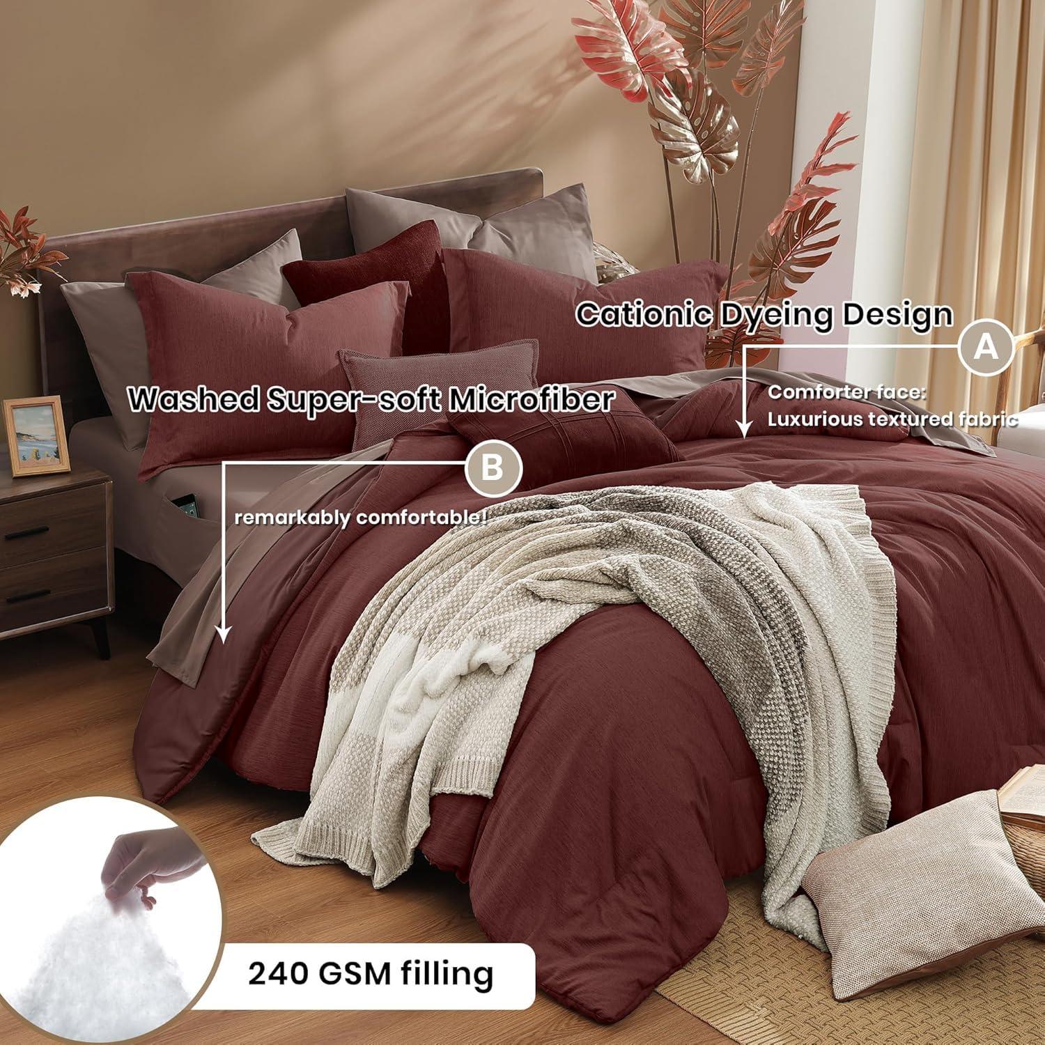 Monbix California King Comforter Set - 7 Pieces Cationic Dyeing Dark Red Bed in a Bag Cal King Bedding Sets with Comforter, Sheets, Pillowcases & Shams, Reversible Bedding Comforters Sets (108 * 92) - Image 3