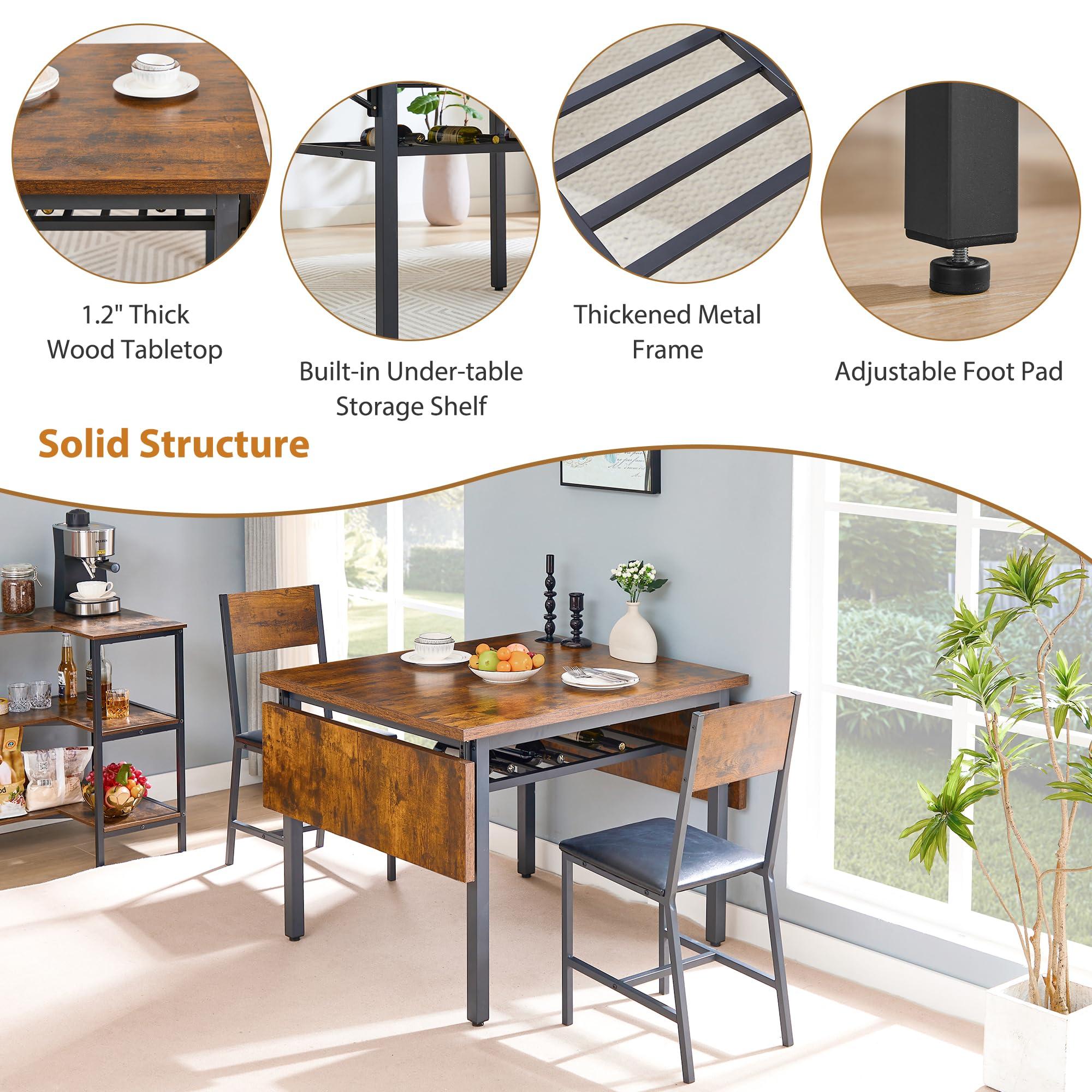Tmsan 63.2" Folding Dining Table for 4-6 People, Drop Leaf Table with Storage Rack Extendable Kitchen Dinner Table for Small Spaces, Chairs Not Included (Brown) - Image 5