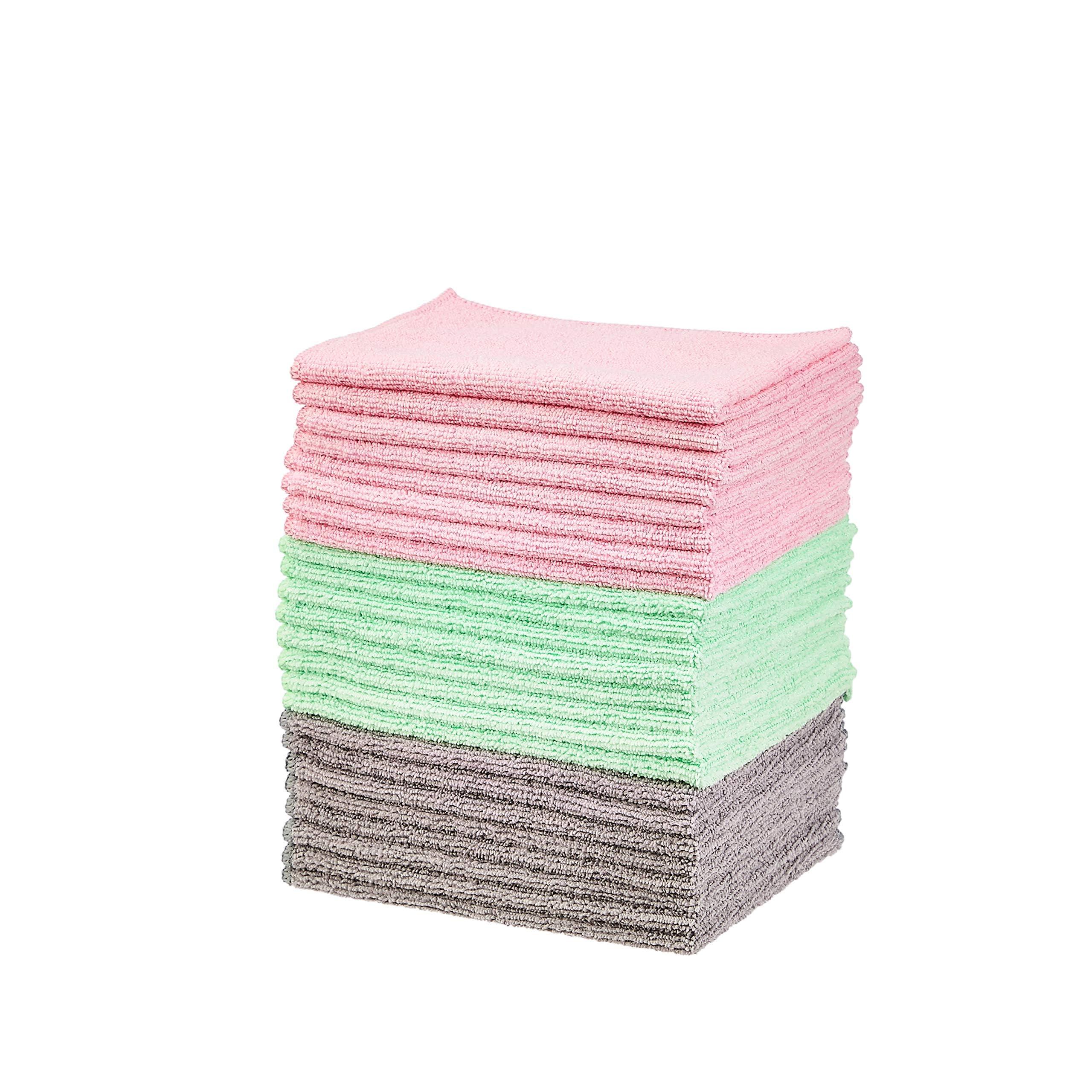 Amazon Basics Microfiber Cleaning Cloths, Ultra Soft and Absorbent, Free from Streaks/Lint/Scratch for Cars, 16" x 12", Green/Gray/Pink, 24-Pack