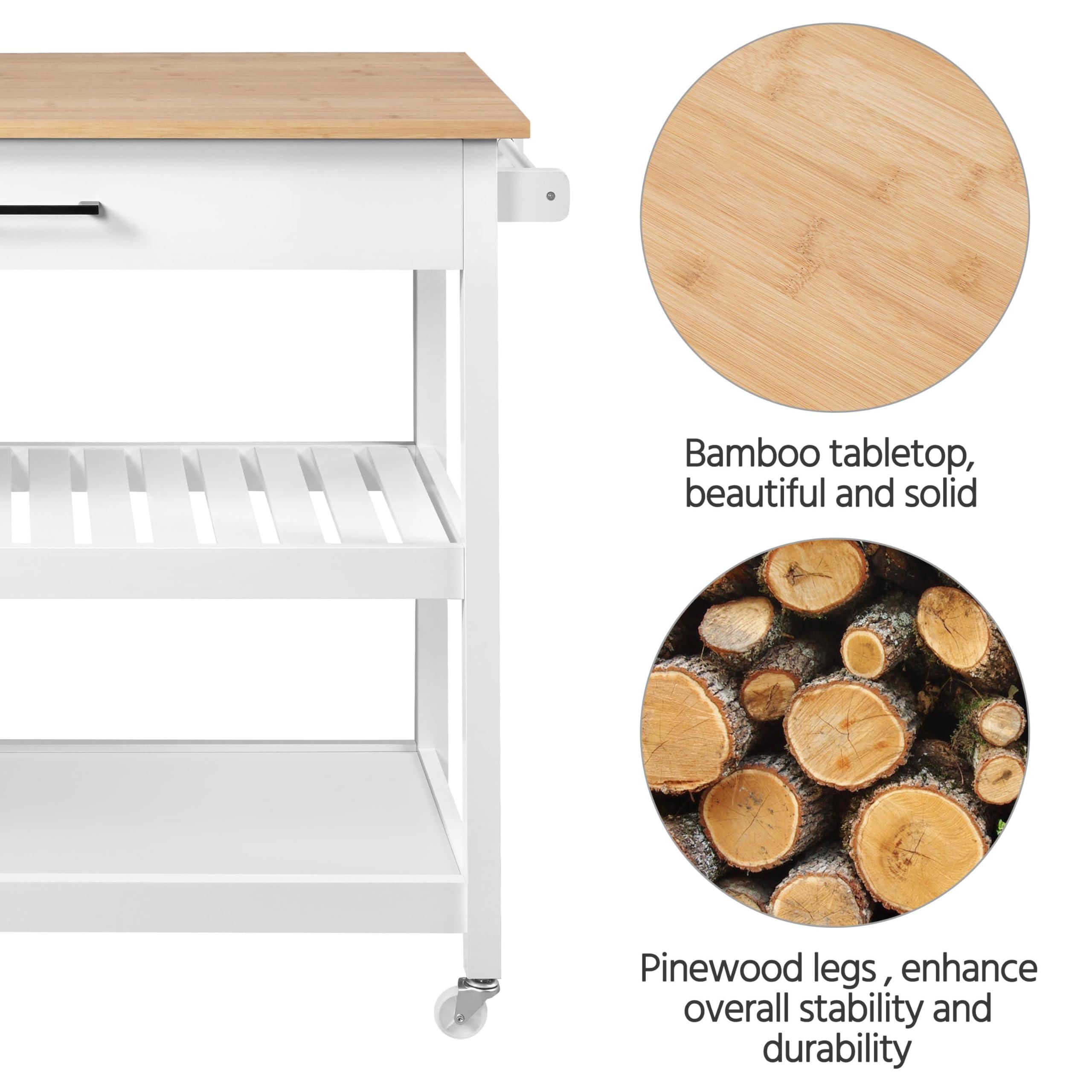 Yaheetech 40" Width Kitchen Island Cart on Wheels, 3 Tiers Rolling Utility Cart with Solid Wood Top and Drawer & 2 Spacious Storage Shelf, Serving Trolley for Dining Room, White - Image 5
