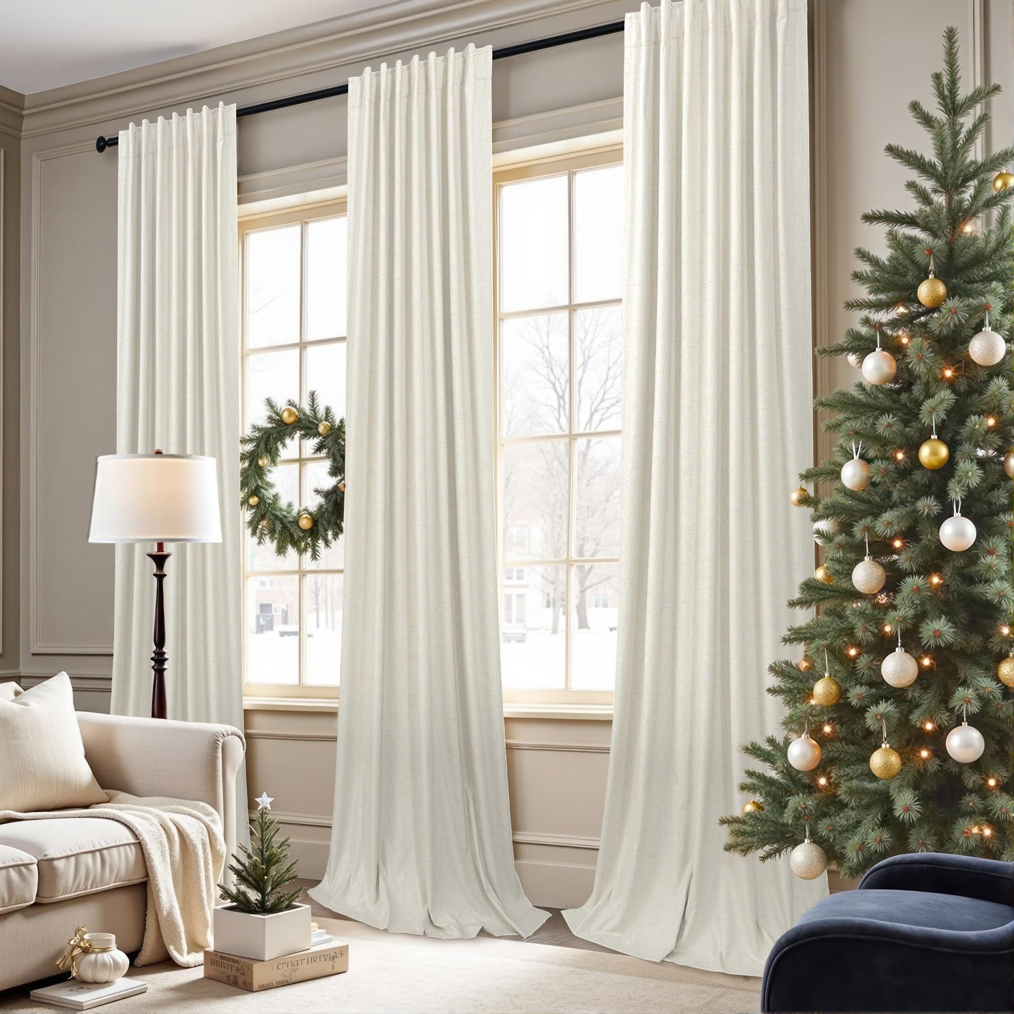 100% Blackout Curtains 84 Inch Length 2 Panels Set Neutral Boho Linen Farmhouse for Bedroom Windows Living Room Darkening Thermal Insulated Drapes Natural Cream Ivory 7ft Long Back Tab Pleated Pocket - Image 2