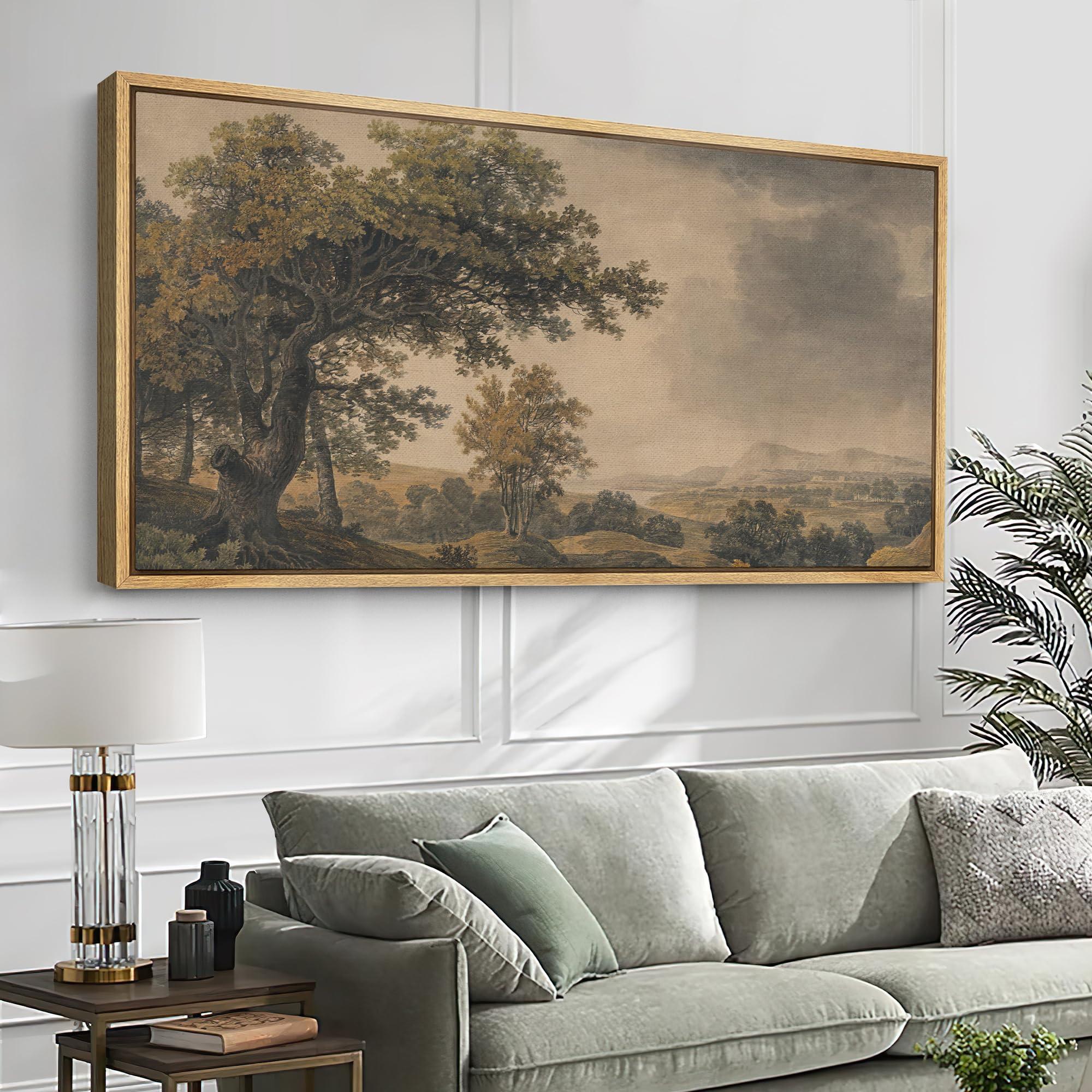 SIGNFORD Extra Large Framed Canvas Print Wall Art Pastoral Countryside Landscape with Trees Illustrations Modern Art Calm Warm for Living Room, Bedroom, Office - 60"x30" - Image 2