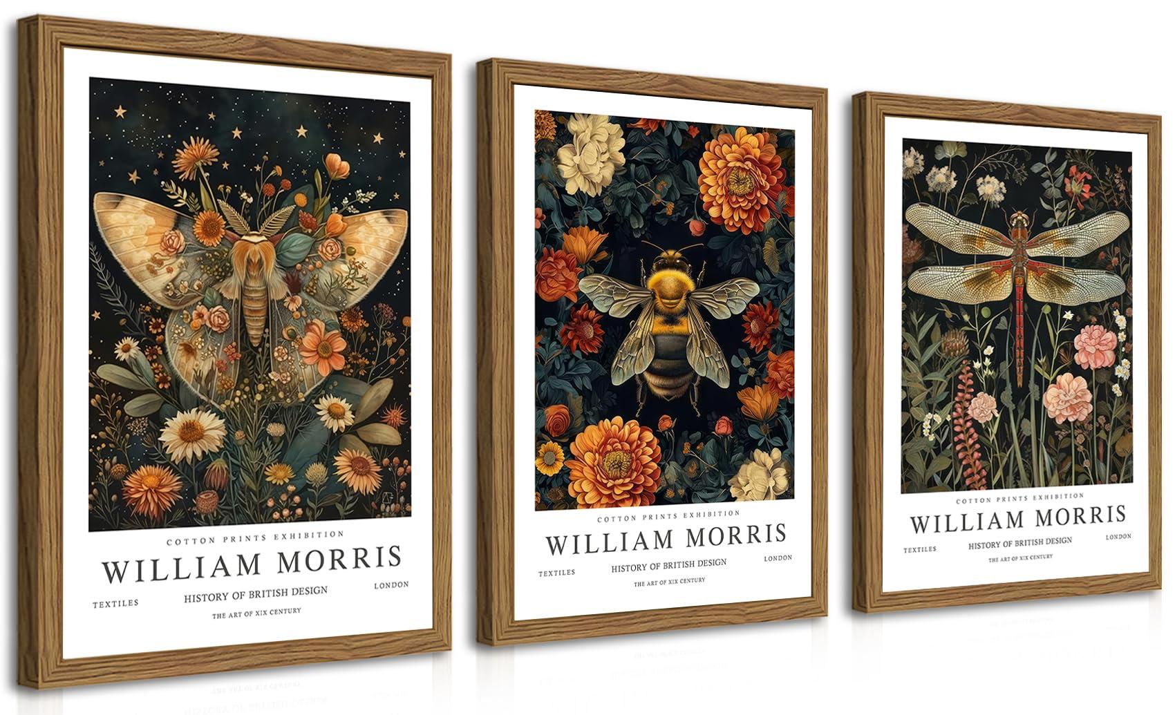 Wood Frame William Morris Wall Art Set of 3, Vintage Animal Bee Butterfly Dragonfly Posters Prints, Botanical Nature Flower Canvas Wall Decor Paintings for Living Room Bedroom Bathroom 12x16In Framed