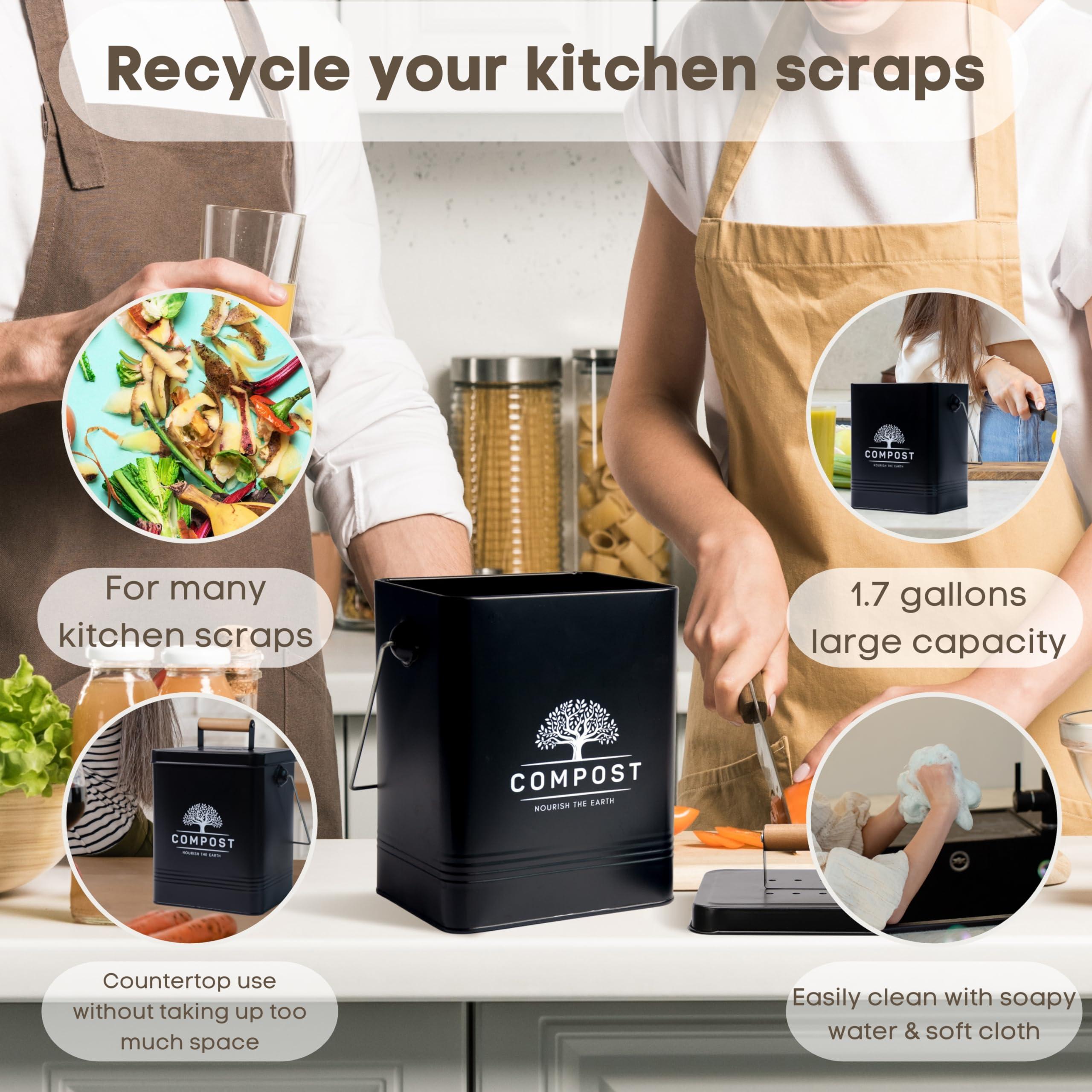 PERFNIQUE Kitchen Compost Bin, 1.7 Gallon Countertop Compost Bin with Lid, Indoor Compost Bin Includes 2 Carbon Filters, Small Compost Bucket, Food Waste Bin for Kitchen with Trash Bags (Matte Black) - Image 4