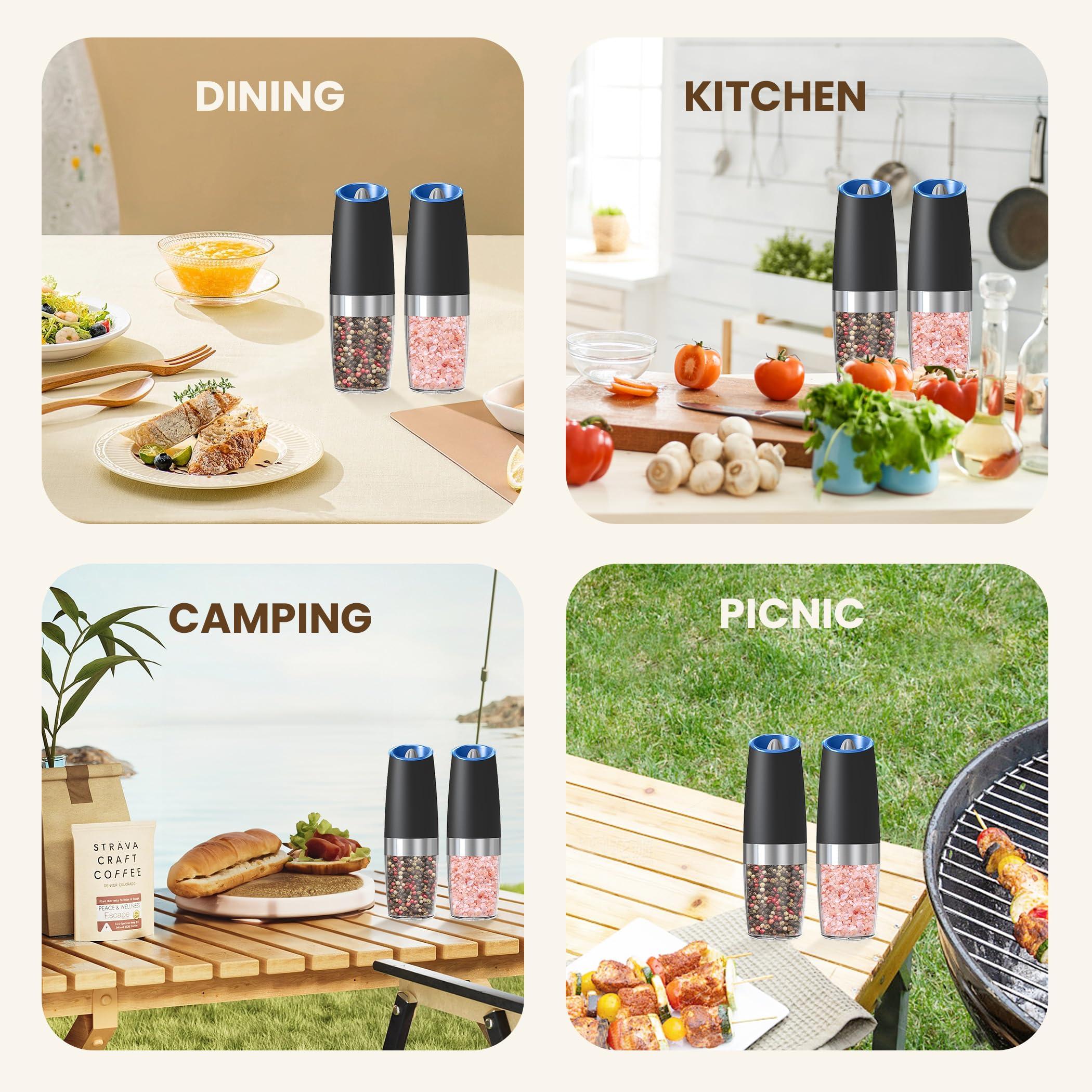 KIARYUOLL Gravity Electric Salt And Pepper Grinder Set, Automatic Salt And Pepper Grinder Set, Battery Powered (6 AAA Batteries Each), Adjustable Roughness, LED Light, 2 Pack, (Black) - Image 7