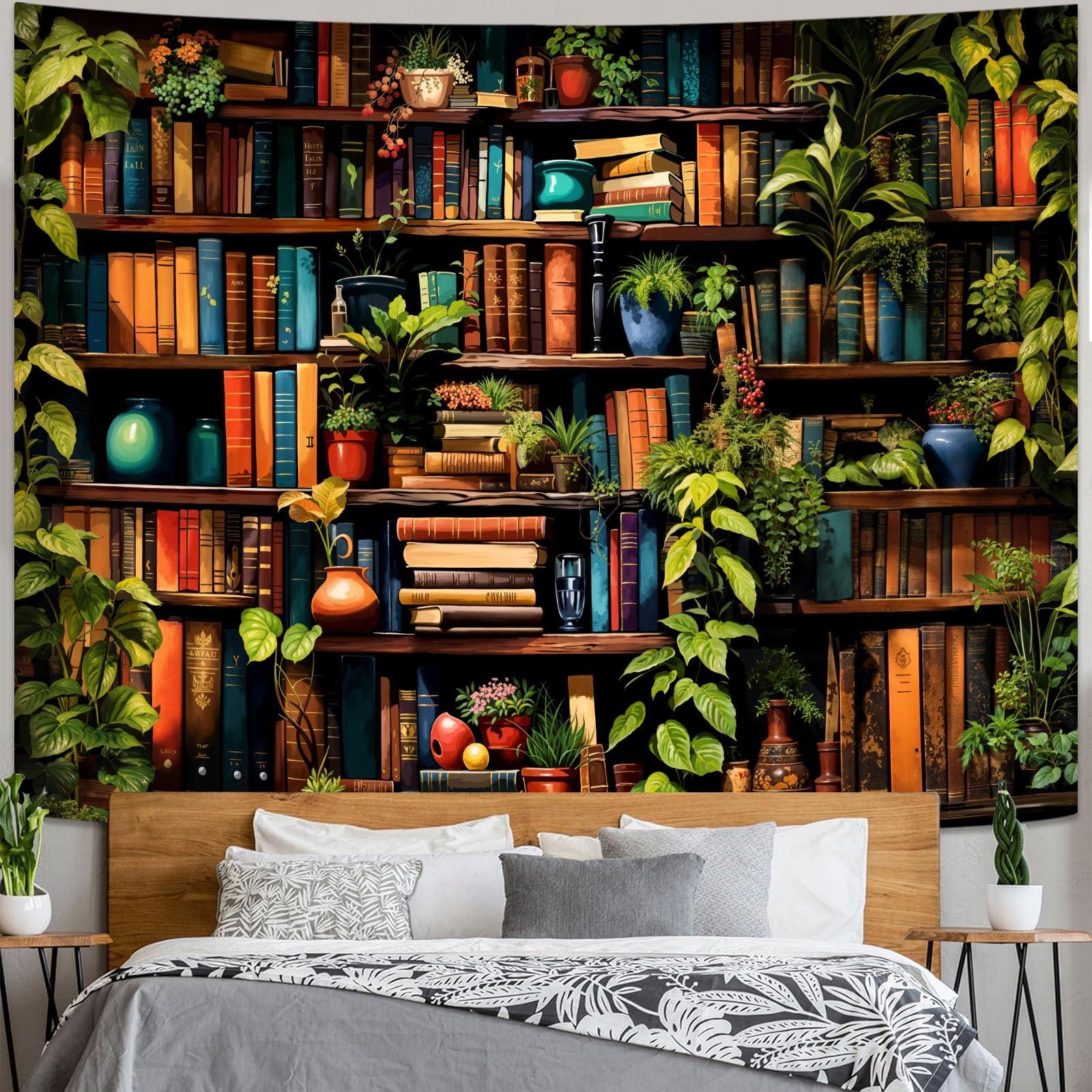 Accnicc Botanical Bookshelf Tapestry Lush Green Plant Book Shelf Tapestries Wall Hanging Art Vintage Retro Potted Plants Academics Library Book Tapestry for Bedroom Living Room Dorm 80 x 60 inch - Image 3