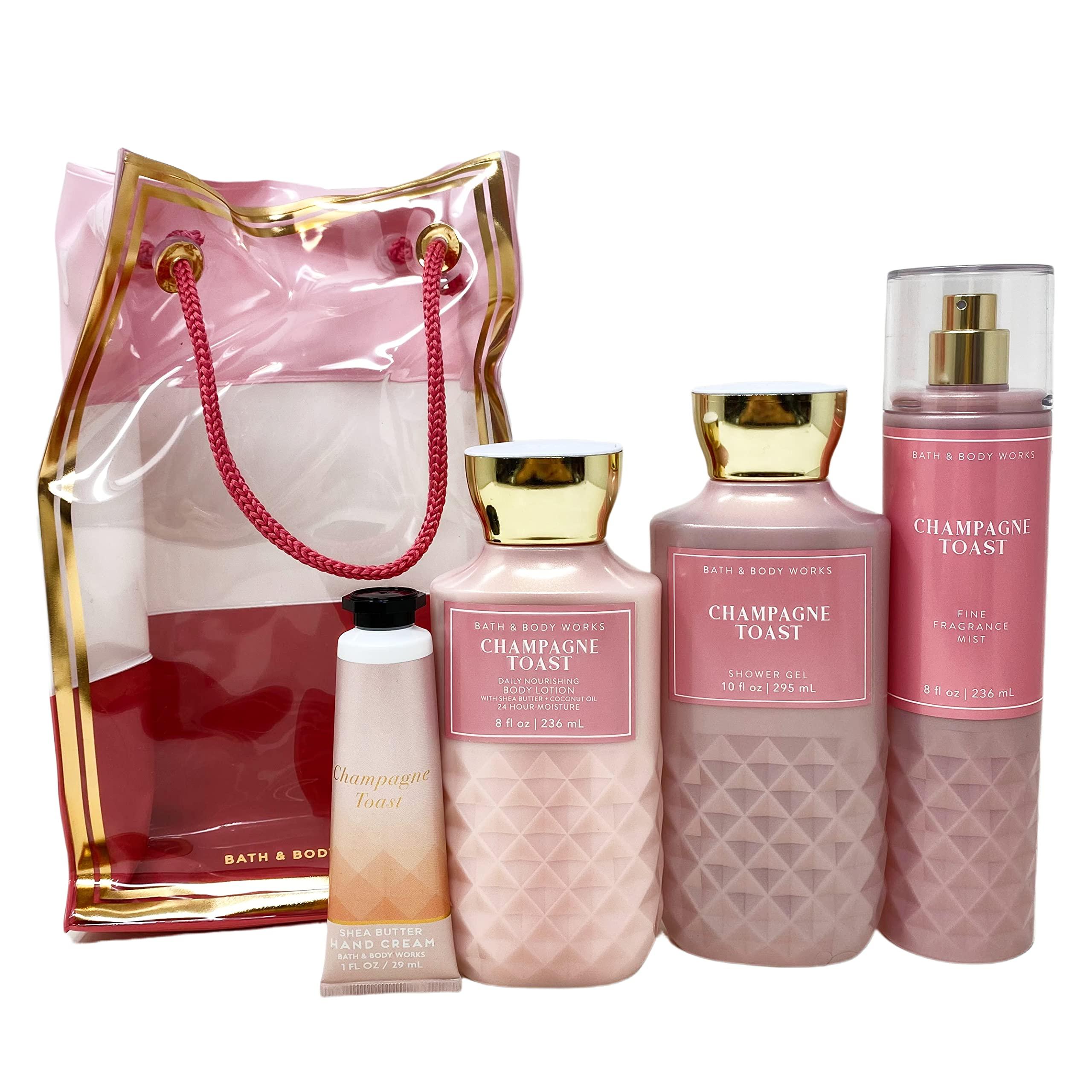 Bath and Body Works CHAMPAGNE TOAST Gift Bag Set - Body lotion - Shower Gel and Fine Fragrance Mist Plus a Shea Butter Hand Cream arranged inside a transparent gift bag - Image 2
