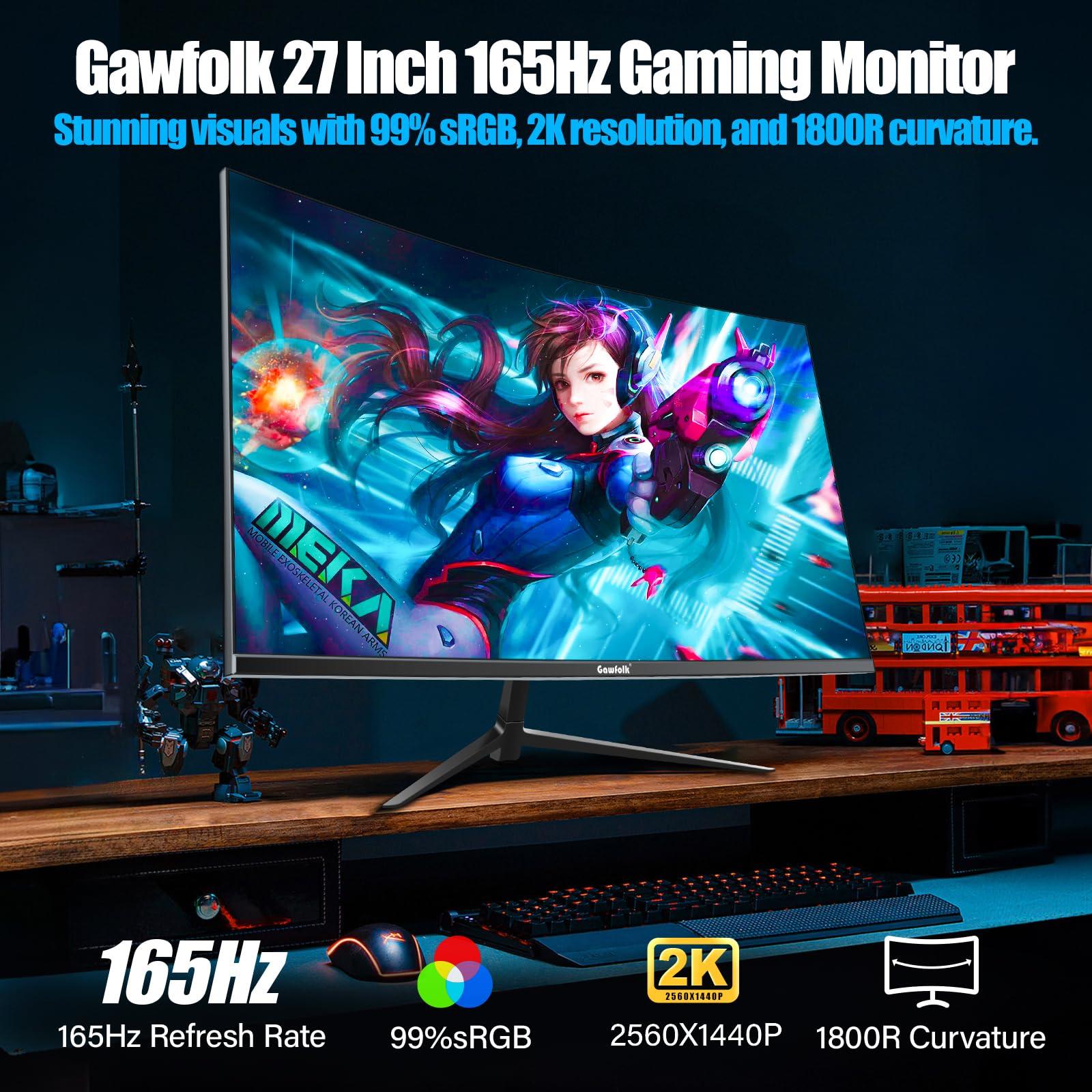 Gawfolk 2K 165Hz Curved Monitor, 27 Inch QHD 2560x1440p 144Hz Gaming Monitor with AMD FreeSync, Flicker-Free, 2X HDMI 2.0, DP 1.4, Ultra-Thin Frameless 1800R Screen PC Monitor - Image 2