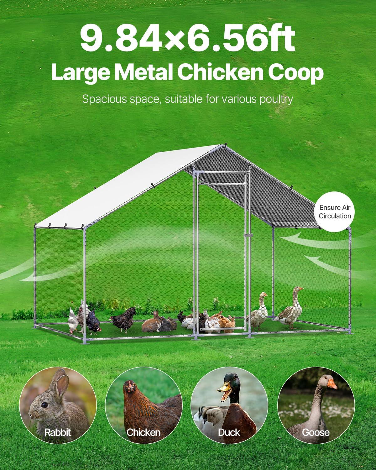 VEVOR Large Metal Chicken Coop with Run, Walkin Chicken Coop for Yard with Waterproof Cover, 6.5 x 9.8 x 6.5 ft, Spire Roof Large Poultry Cage for Hen House, Duck Coop and Rabbit Run - Image 6