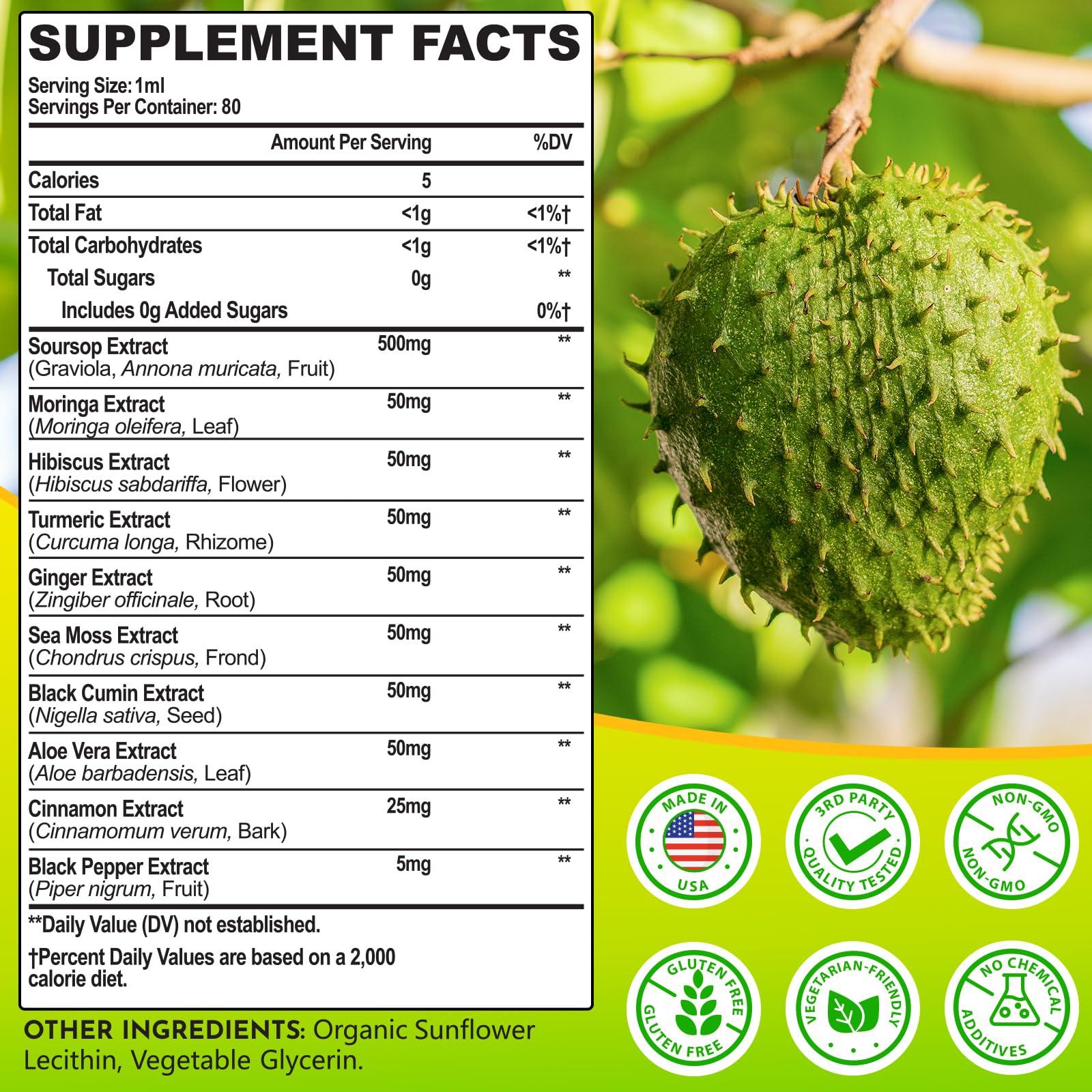 Soursop Bitters Liquid 880MG, Soursop Multivitamin Drops with Leaf Extract, for Cell Support & Regeneration, Immunity, Liver, Gut, Zzz, Skin & Antioxidant | 2.8 Fl Oz, 80 Days Supply - 1 Pack - Image 2